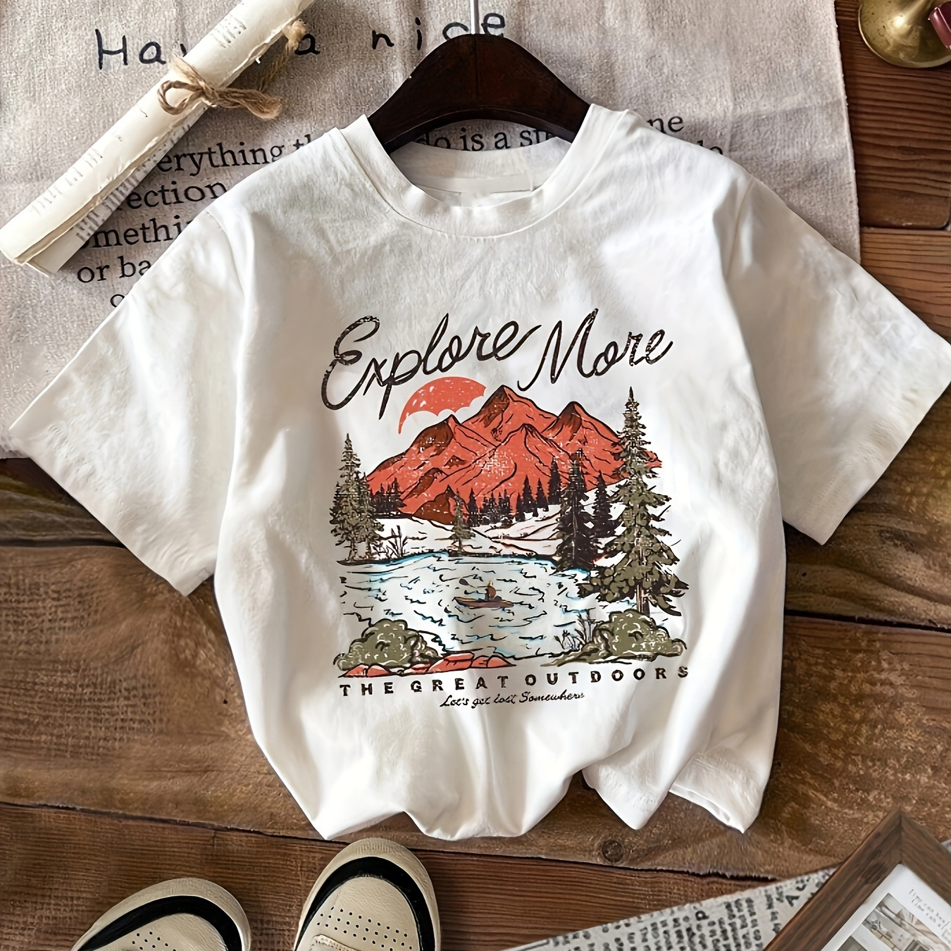 

Mountain Print T-shirt, Short Sleeve Crew Neck Casual Top For Summer & Spring, Women's Clothing