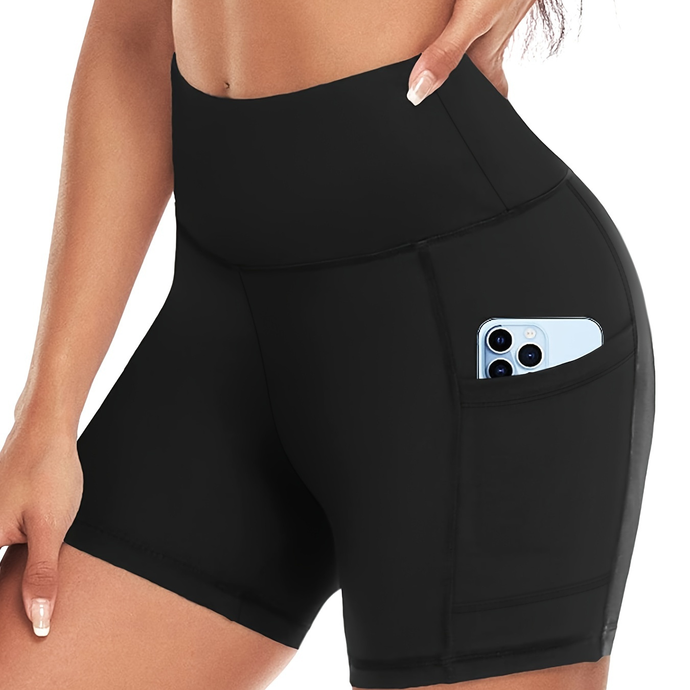 Solid Side Pocket Sports Shorts, High Waist Tummy Control Running Exercise Yoga Shorts, Women's Activewear