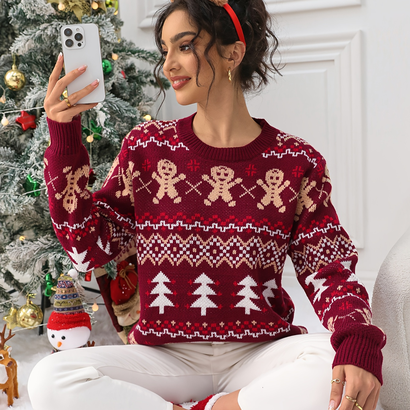 

Elegant Women's Christmas Pullover Sweater With Reindeer And Tree Motif, Crew Neck Long Sleeve Knit, Acrylic Festive Top For Fall/winter