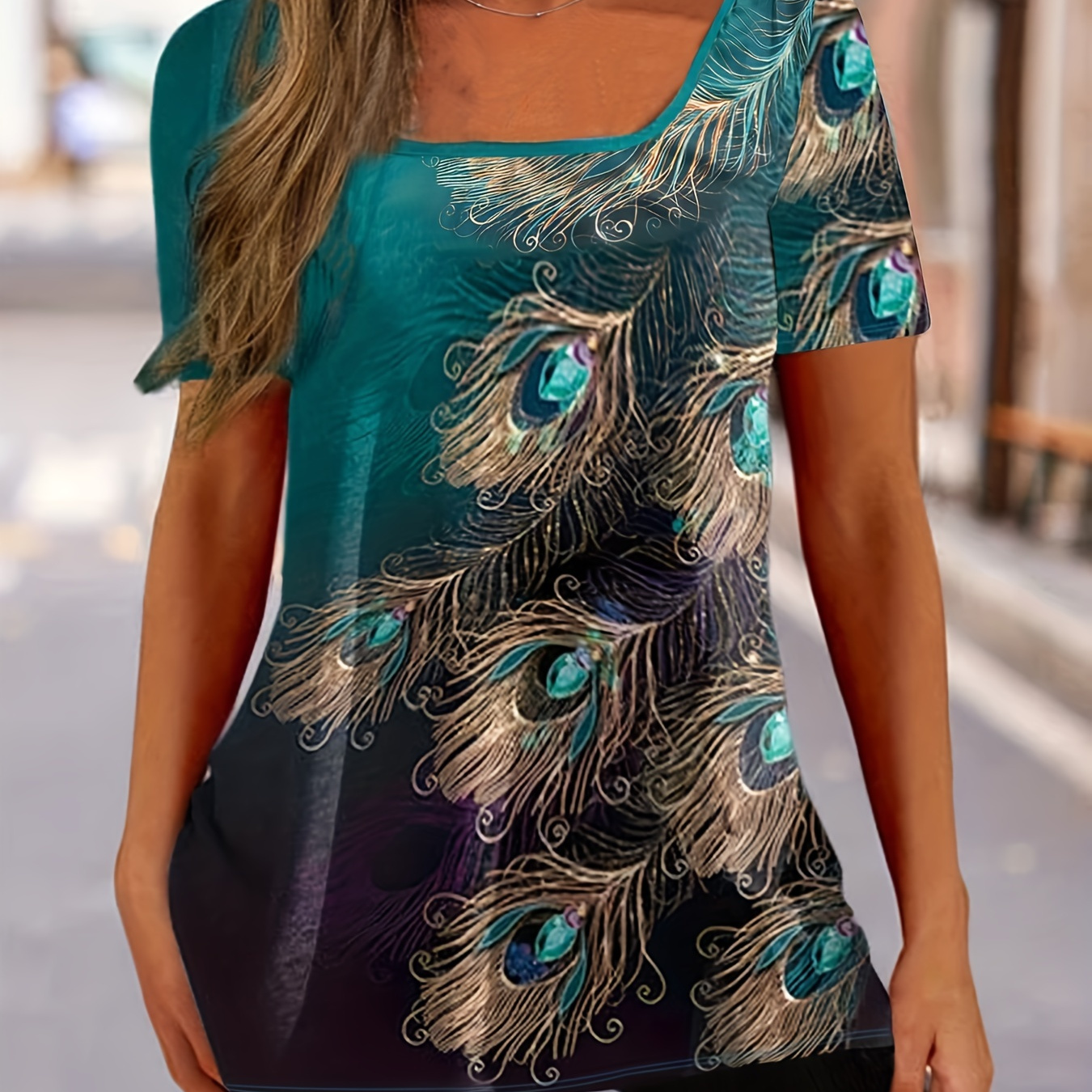 

Peacock Feather Print Square Nek Tee, Elegant Short Sleeve T-shirt, Women's Clothing
