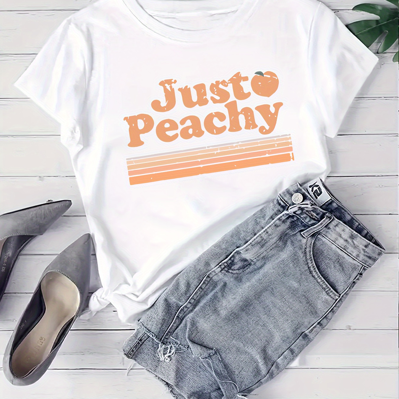 

Plus Size Just Peachy Print T-shirt, Casual Crew Neck Short Sleeve T-shirt, Women's Plus Size clothing