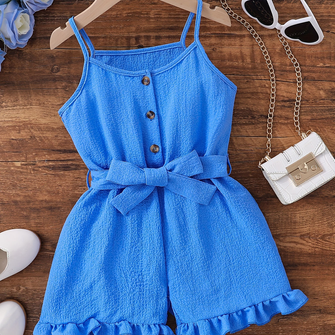 

Solid Color Frill Trim Textured Cami Romper With Bow For Girls, Stylish Summer Versatile Suit Outdoor Jumpsuit Holiday Gift