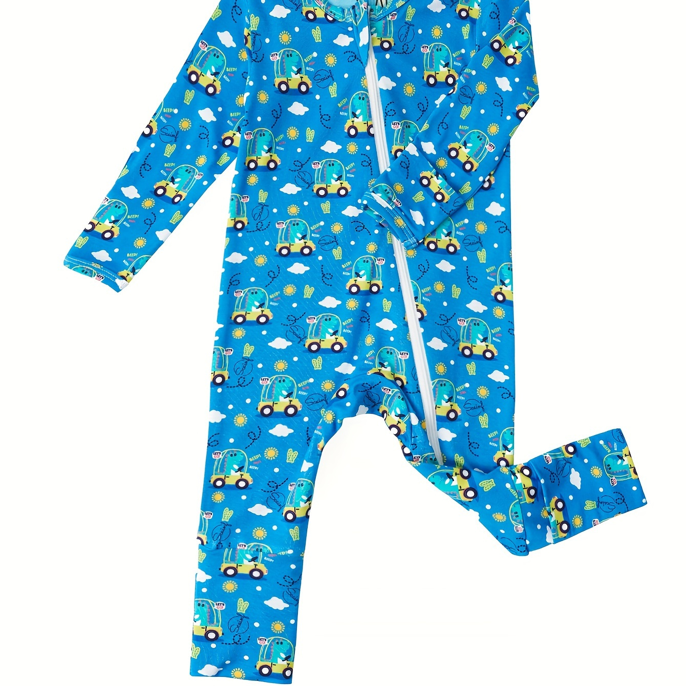 

Bamboo Fiber Bodysuit For Infants, Dinosaur Car Pattern Long Sleeve Onesie, Baby Boy's Clothing
