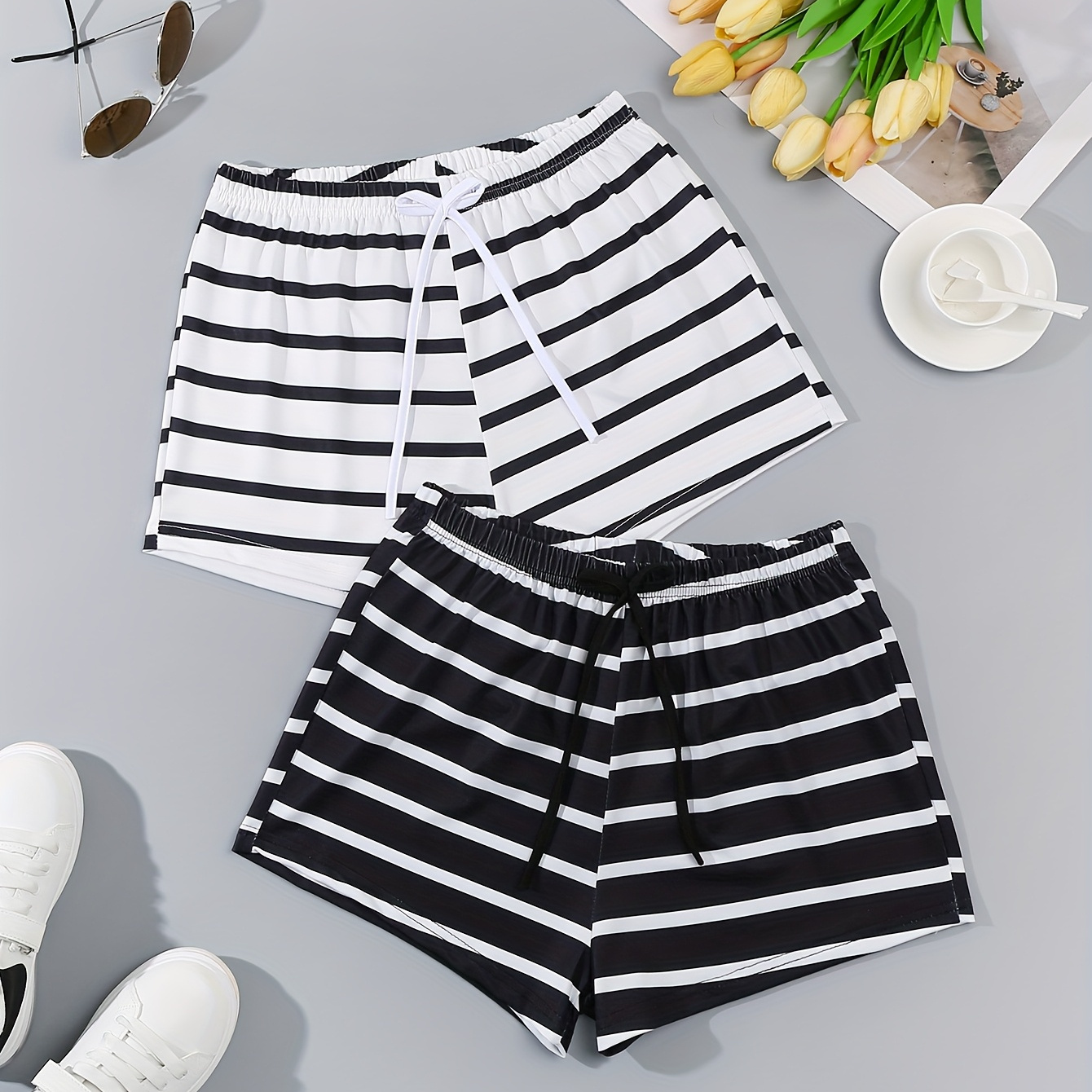 

Women's Striped Pajama Pants 2pcs, Casual Black And White , Polyester, Machine Washable