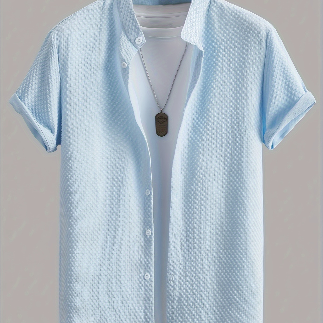 

Casual Textured Men's Short Sleeve Button Down Shirt With Stand Collar For Summer Resort Vacation