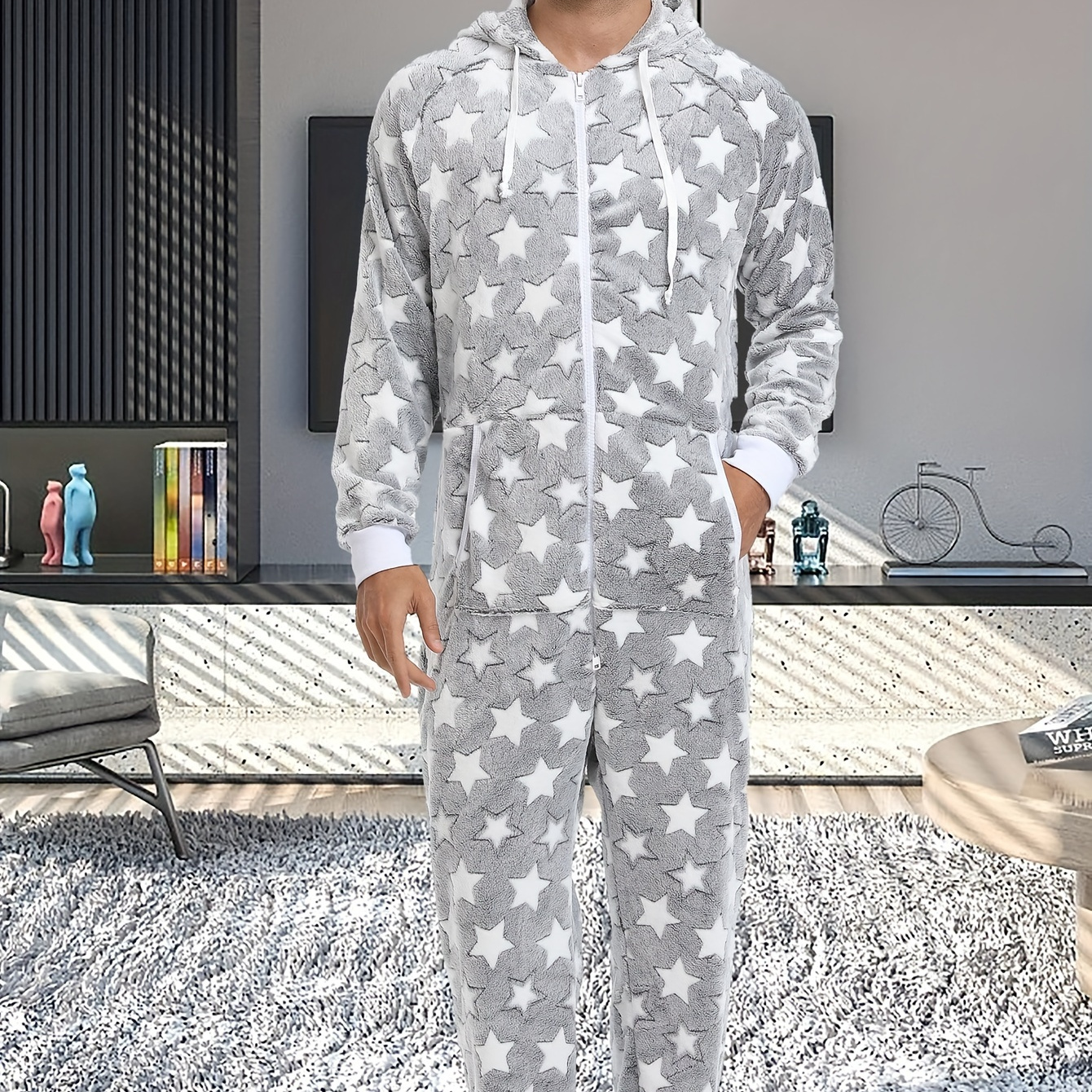 

1pc Novelty Hooded Pajamas, Polyester , , Fit, Zippered Hooded Loungewear