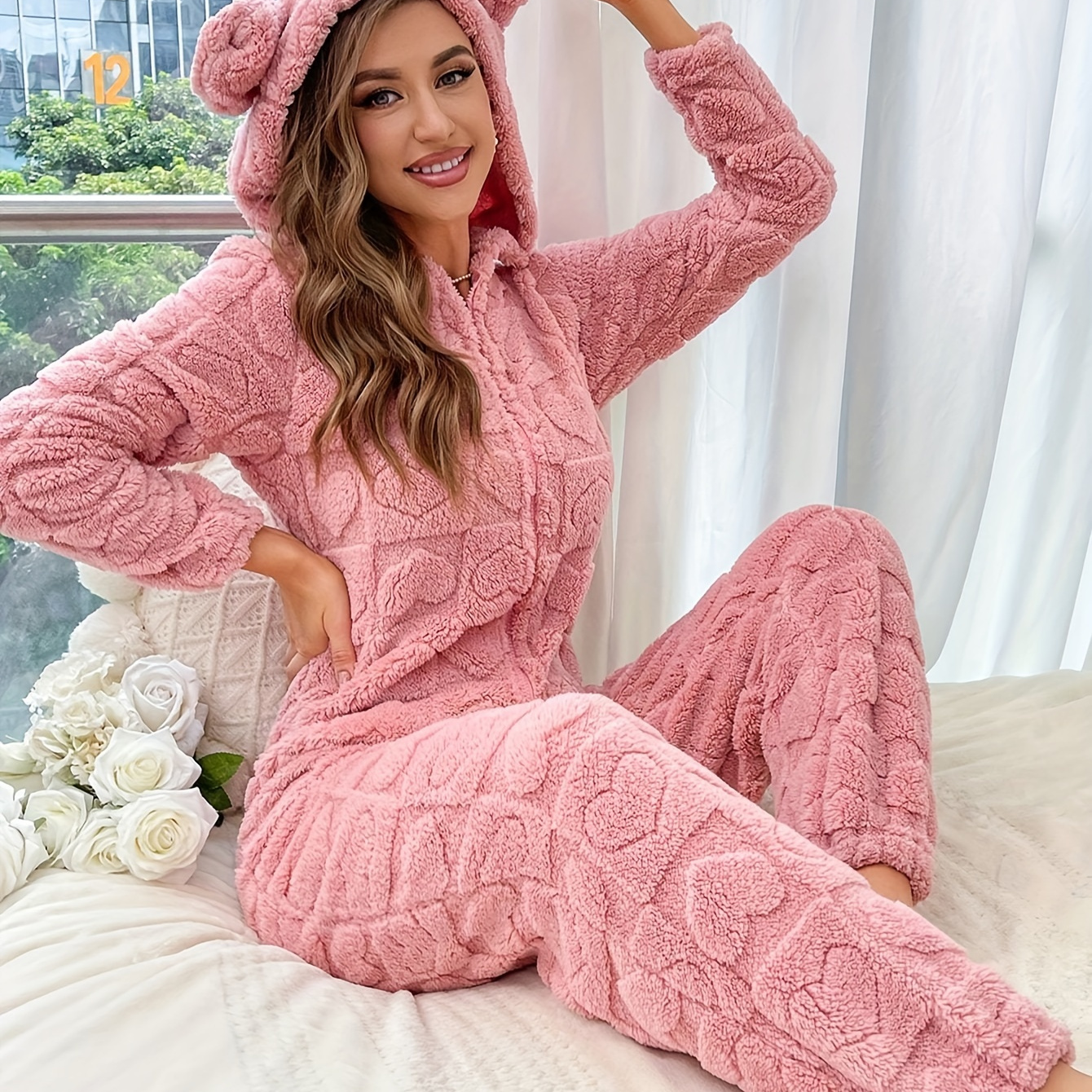 

Elegant Hooded Onesie With 3d Ear Design, Zippered Long Sleeve Flannel Jumpsuit In Polyester, Solid Color Knit Fabric Romper For Adults – Comfortable Fall/winter Loungewear