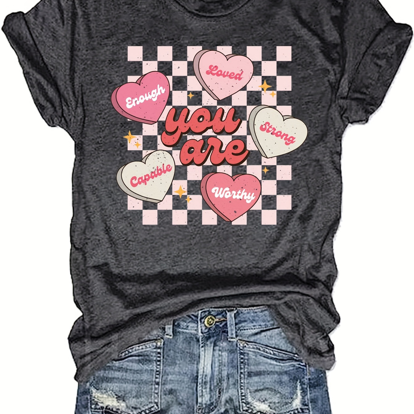 

Heart & Letter Print T-shirt, Casual Short Sleeve Crew Neck Top For Spring & Summer, Women's Clothing