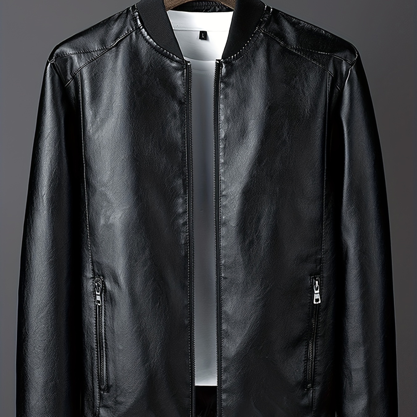 

Autumn And Winter Men' Outdoor Zip Up Baseball Collar Jacket With Zipper Pockets, Men's Motorcycle Jacket