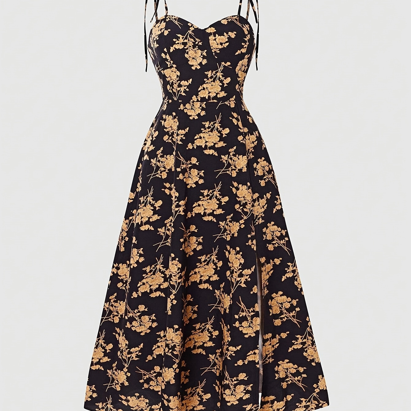 

Elegant Floral Print A-line Dress For Women - Neckline With Straps, Sleeveless, Polyester, Machine Washable - Chic Spring/summer Fashion In Black And Golden