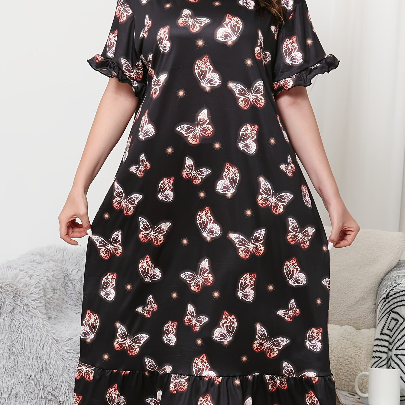 

Summer Plus Size Pajamas Dress For Fat Size Women 200 Loose Casual Outside Long Short-sleeved Skirt Nightgown With