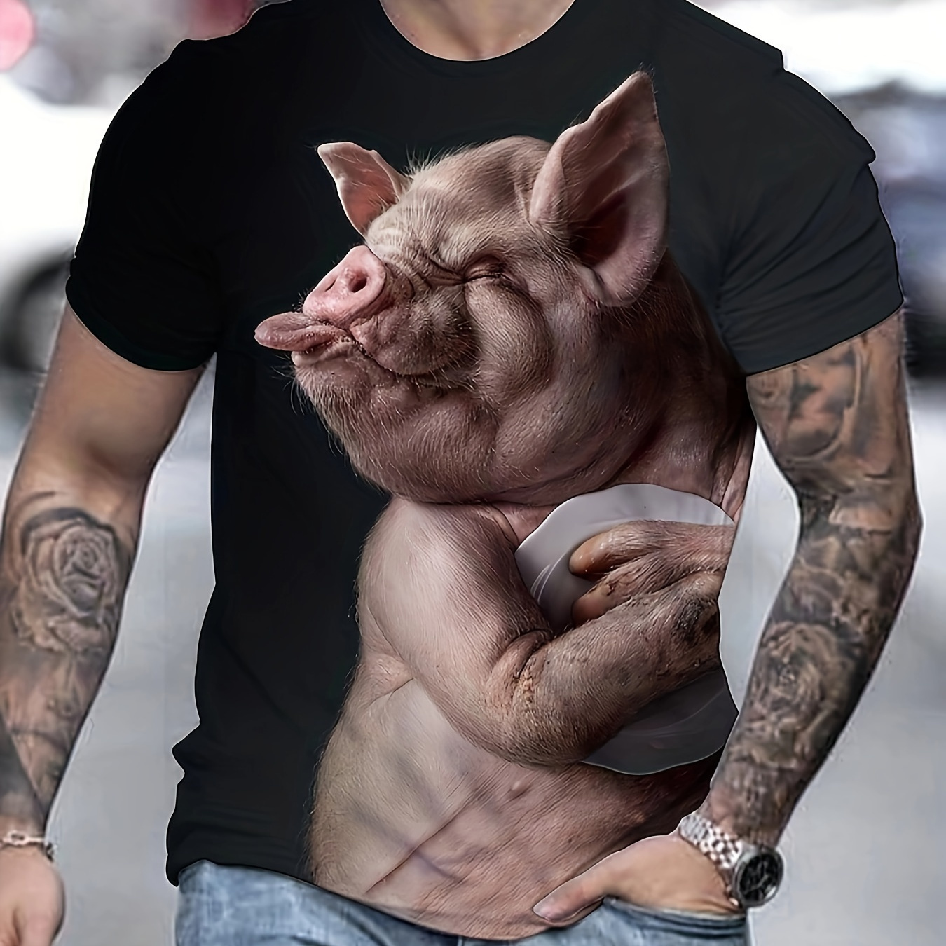 

Funny Pig 3d Graphic Print Men's Novelty Short Sleeve Crew Neck T-shirt, Summer Outdoor