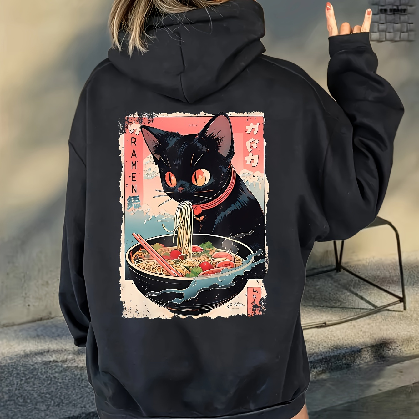 

Women's Casual Long Sleeve Pullover Hoodie With Kitty Print And Kangaroo Pocket, Polyester Knit Sweatshirt, Fashionable Fall/winter Top