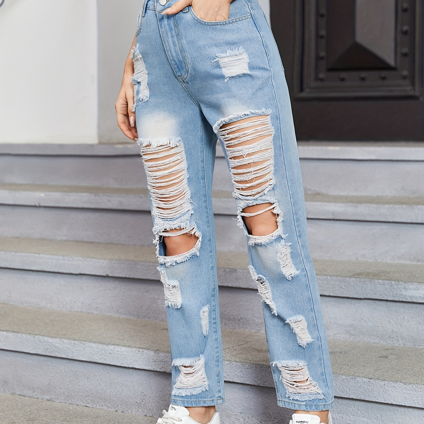 High Straight Legs Loose Baggy Jeans Ripped Knees Cut - Temu Germany