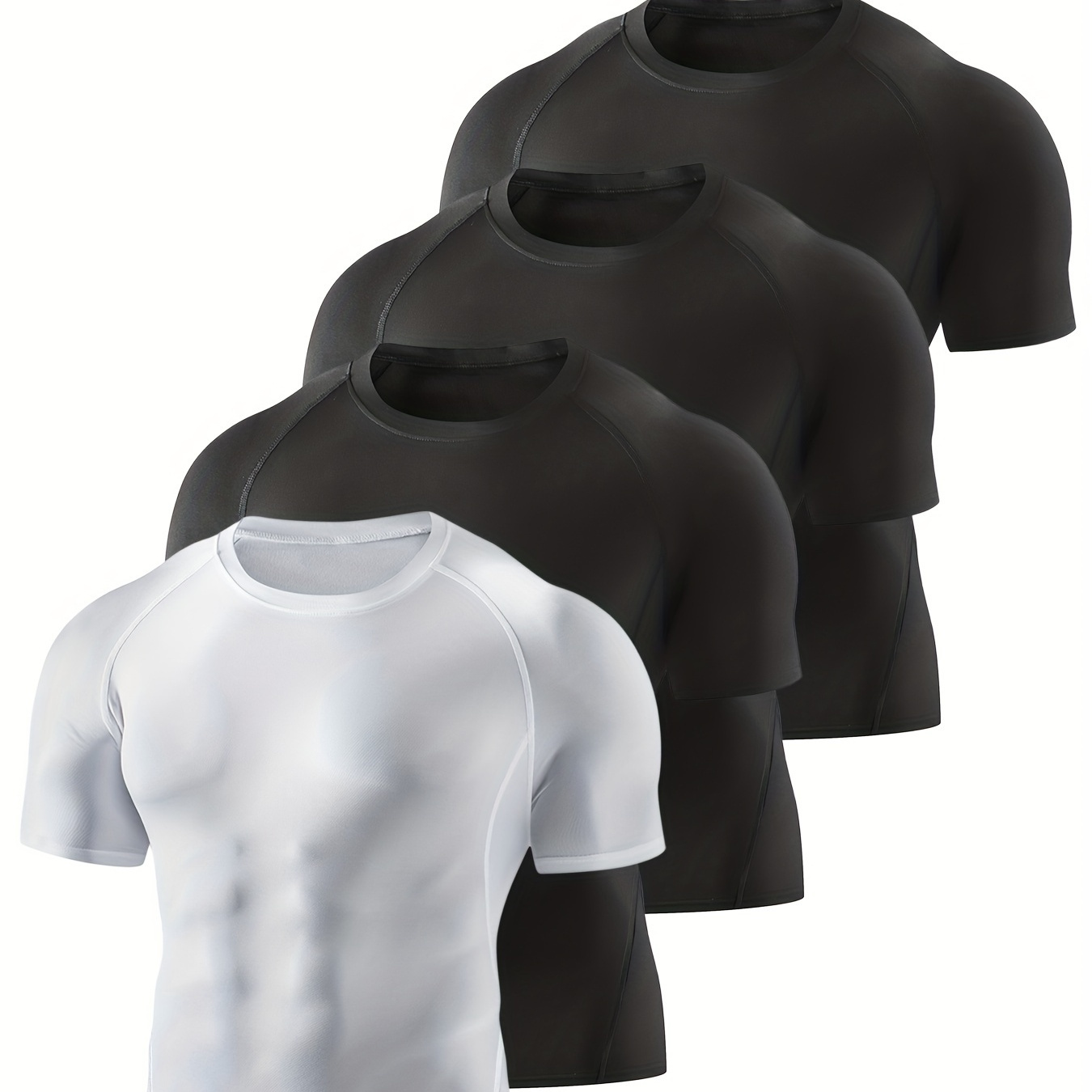 

4 Pack Compression Shirts, Men's Solid Stretch Short Sleeve Base Layer Athletic Undershirt Gear Workout T-shirt