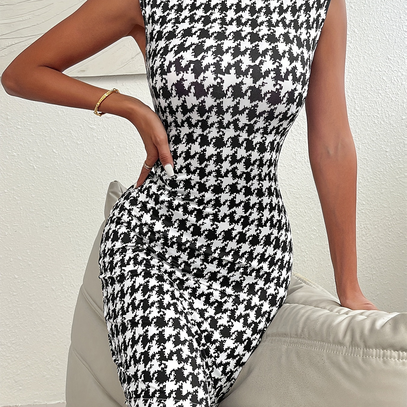 

Houndstooth Print Mock Neck Bodycon Dress, Elegant Sleeveless Dress For Spring & Summer, Women's Clothing