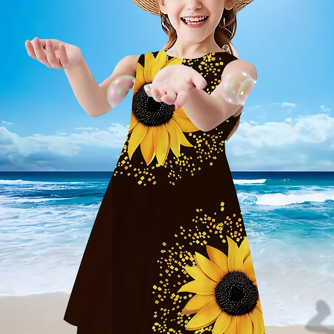 

Sunflowers Print Girls Creative Sleeveless Dress, Casual Loose Sundress For Holiday Summer Party