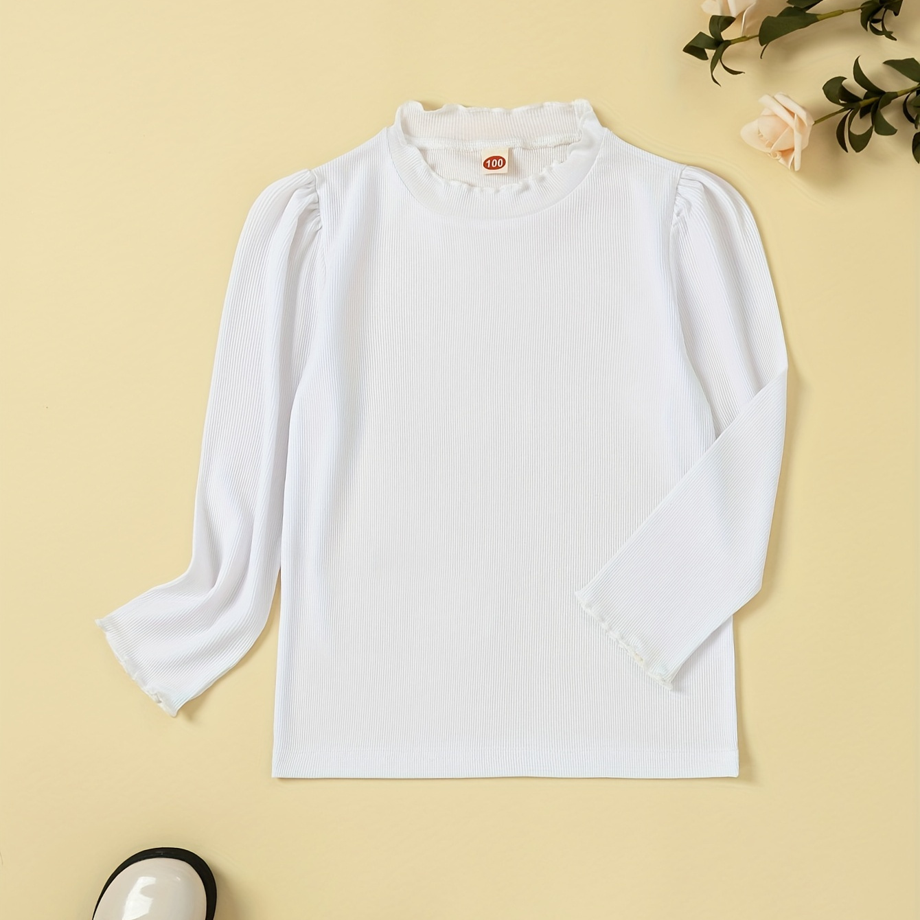 

White Long Sleeve T-shirt For Kids, Wood Ear Hem, Casual And Comfortable For Spring And Autumn