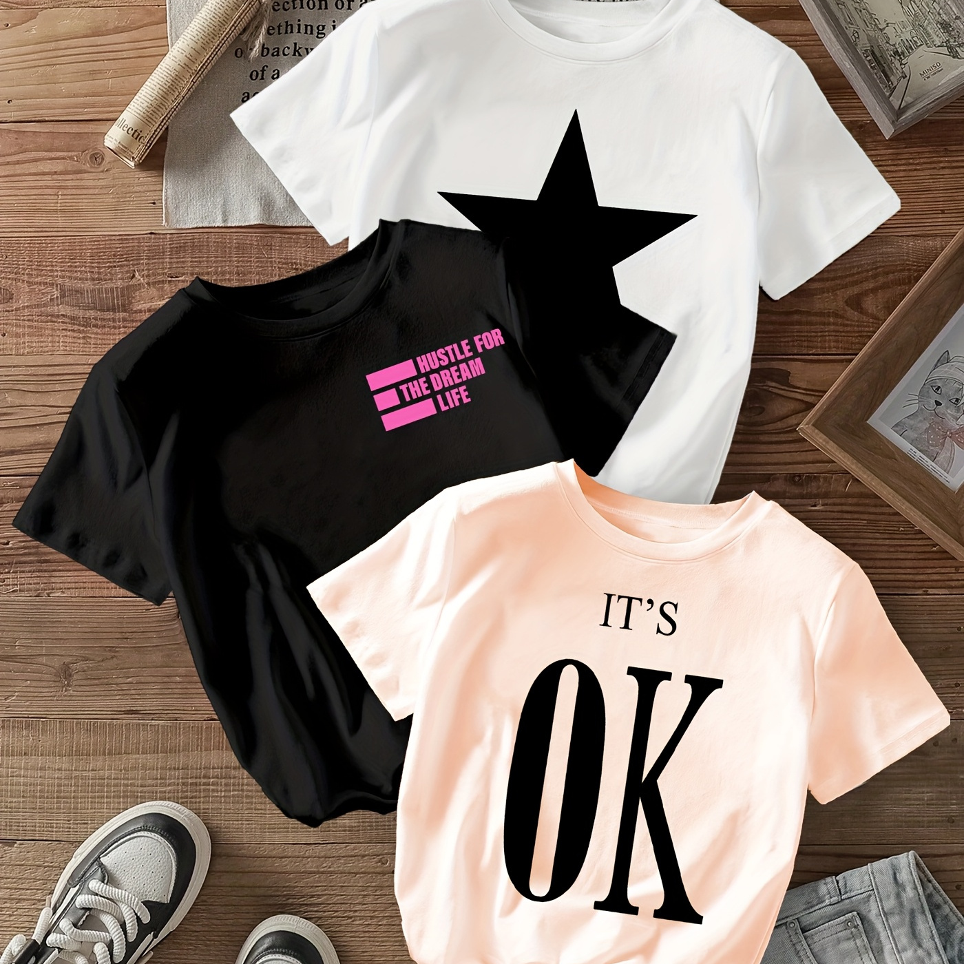 

Women's 3pcs Graphic Print T-shirts - Casual Crew Neck Short Sleeve Tops With "star," " Ok," And "i'm Doing This For Me" Designs, Breathable Polyester Blend For Summer & Spring, Ladies T Shirts