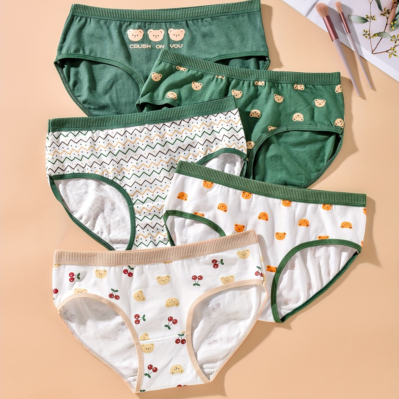 5pcs Cartoon Bear Print Briefs, Comfy & Cute Stretchy Intimates Panties,  Women's Lingerie & Underwear