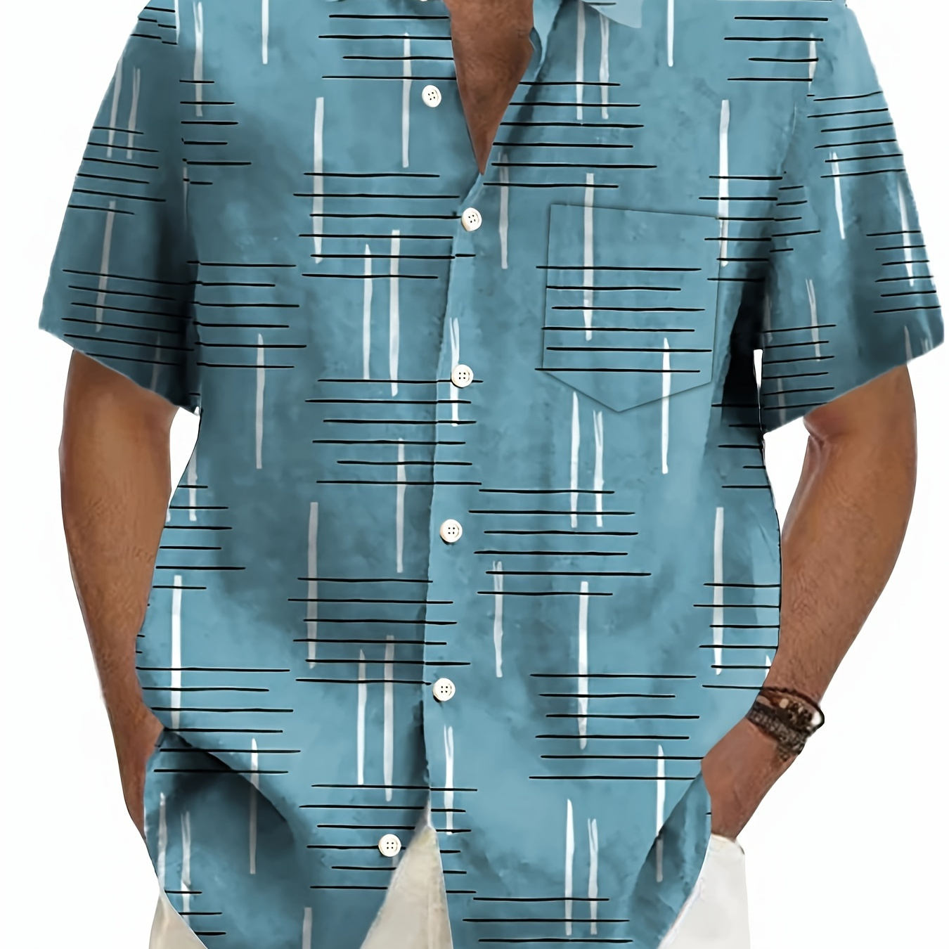 

Retro-inspired Men's Plus Size Short Sleeve Shirt With Geometric 3d , Button-up Collared Design & Chest Pocket - Lightweight Polyester, Ideal For Summer, Plus Size Tshirts, Plus Size