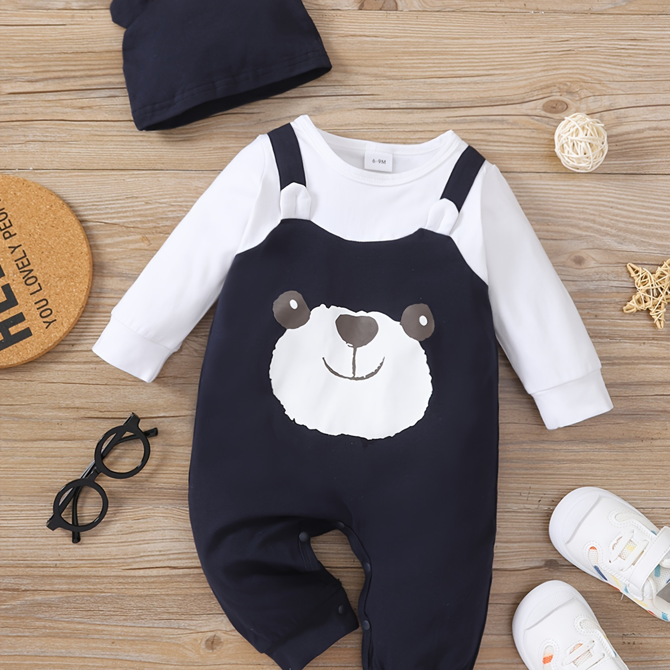 

2pcs Baby Boy 100% Cotton Bear Print Colorblock Long-sleeve Faux-two Jumpsuit & Hat Set