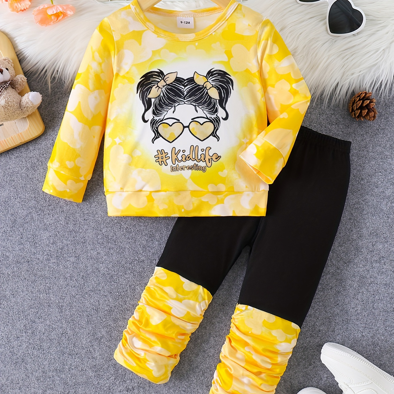 

2pcs 's Sunglasses Girl Pattern Long T- + Splicing Pants, Toddler & Infant Girl's Set
