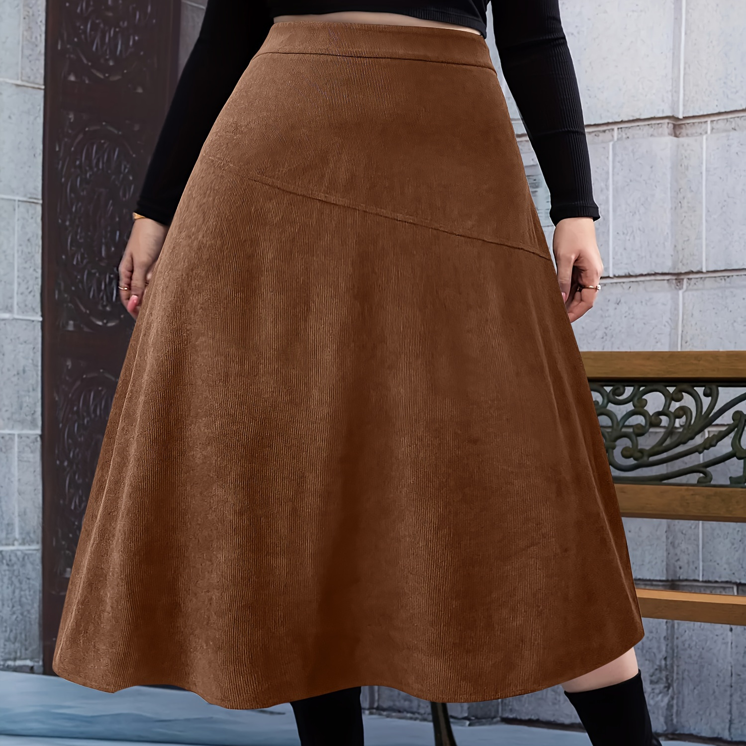 

Size Corduroy Skirt - Flared A-line Mid-length With Zipper Detail, 100% Polyester Non-stretch Fabric, Solid Color, Suitable For Fall/winter - Woven Corduroy Collection