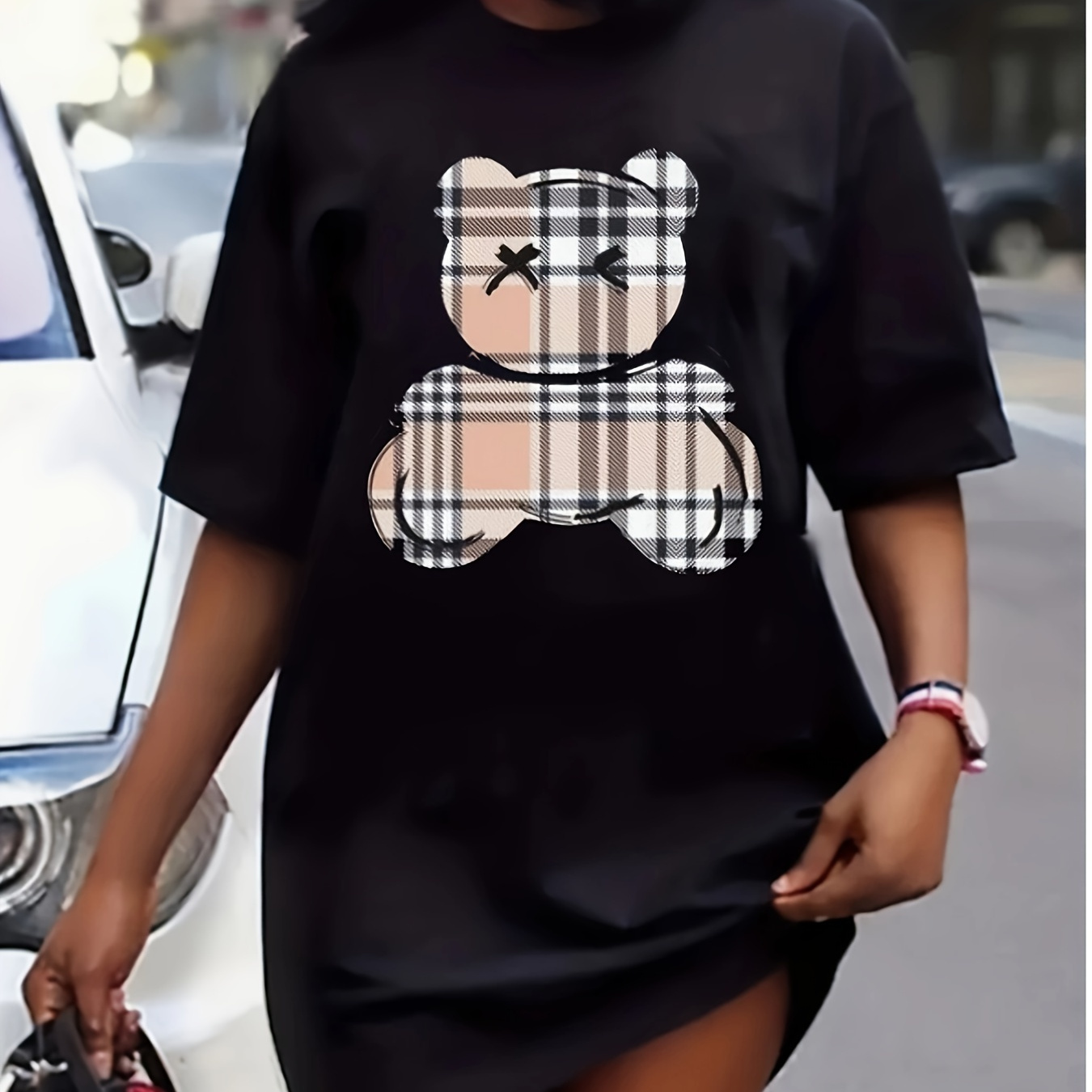 

Graphic Print Tee Dress, Short Sleeve Crew Neck Casual Dress For Summer & Spring, Women's Clothing