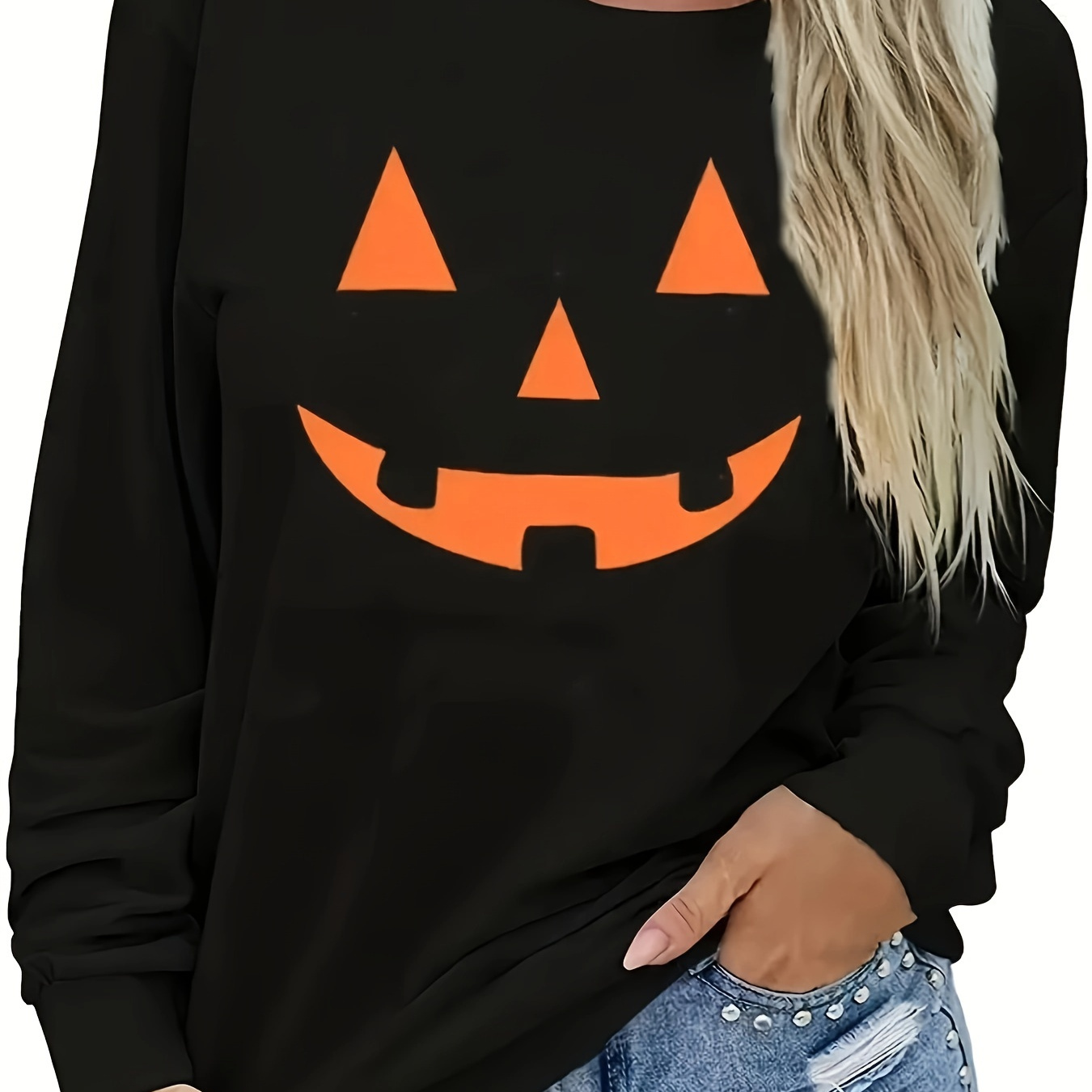 

Halloween Pumpkin Print Pullover Sweatshirt, Casual Long Sleeve Crew Neck Sweatshirt For Fall & Winter, Women's Clothing