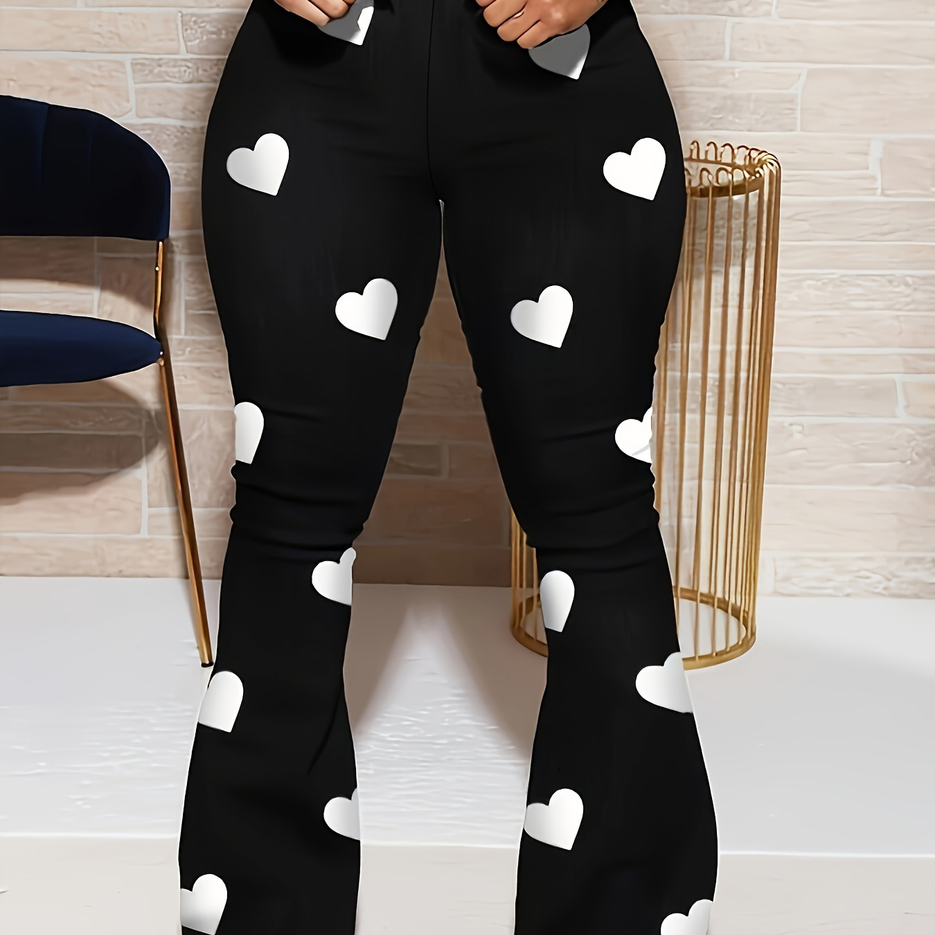 

Heart Print Flare Leg Pants, Casual & Versatile High Waist Pants For Spring & Summer, Women's Clothing