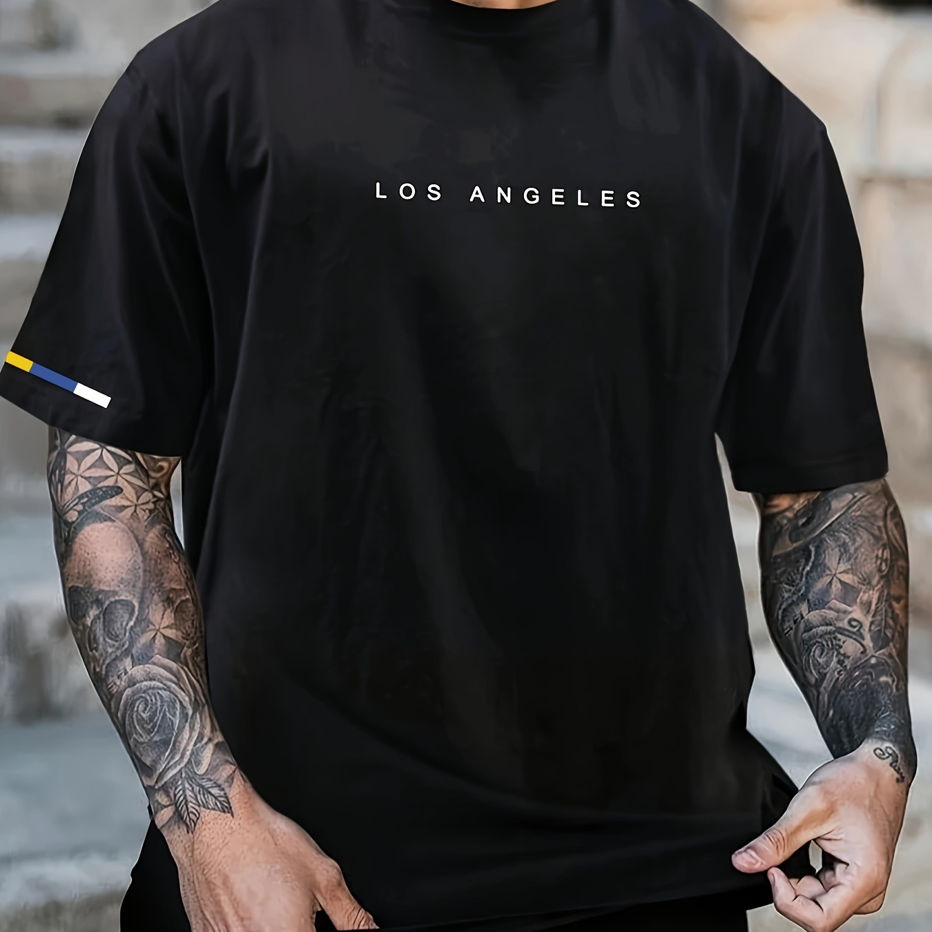 

Men's Stripe Pattern And Letter Print "los Angeles" Short Sleeve Crew Neck T-shirt, Tees For Men, Chic And Trendy Tops For Summer Sports Wear And Leisurewear