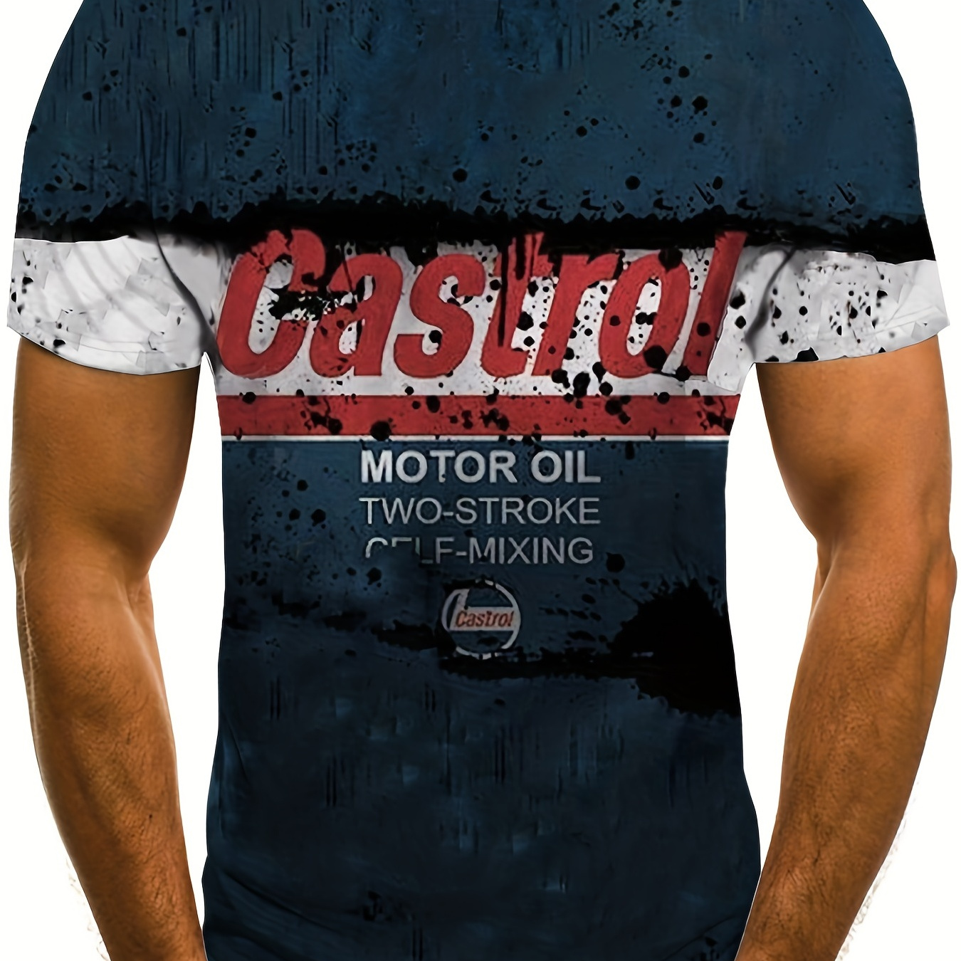 

T-shirt imprimé 'Huile moteur Castrol', haut décontracté pour homme, style streetwear, col rond extensible pour l'été