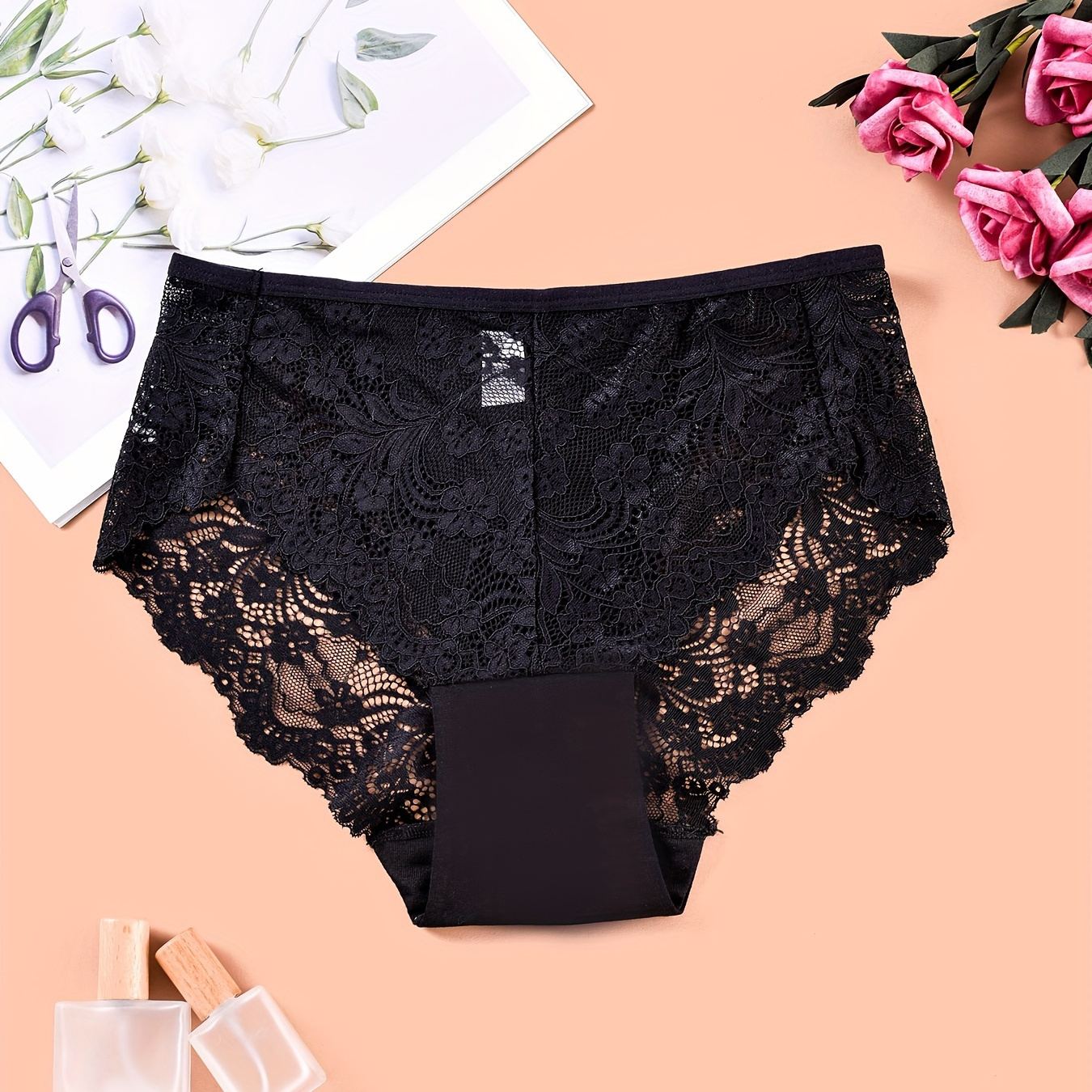 

Slip En Dentelle Contrastée, Culottes Intimes Extensibles Confortables Et Respirantes, Lingerie Et Sous-vêtements Pour Femmes