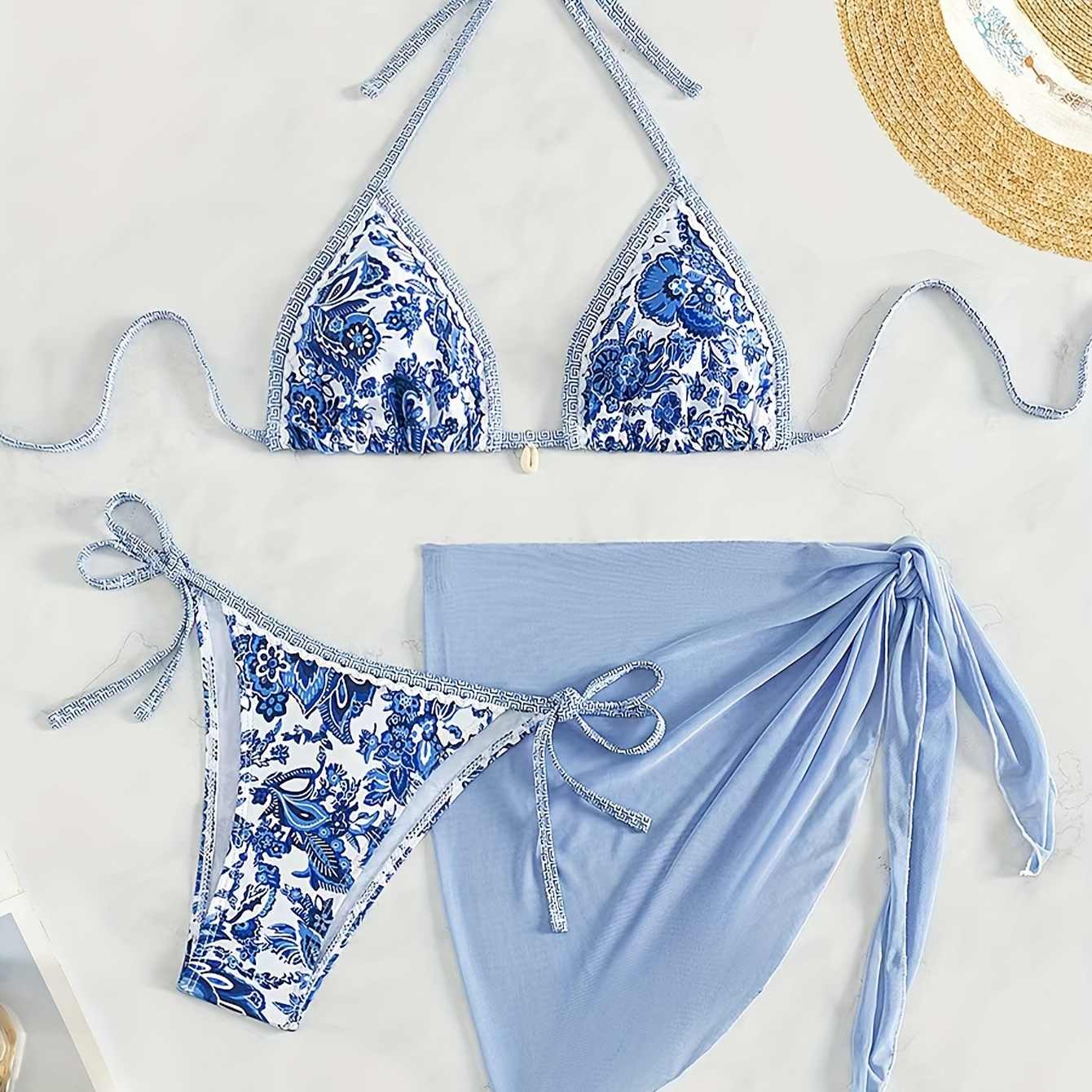 

Ensemble de bikini triangle à imprimé floral avec bordure contrastée et cache-maillot, 3 pièces, maillots de bain pour femmes et vêtements