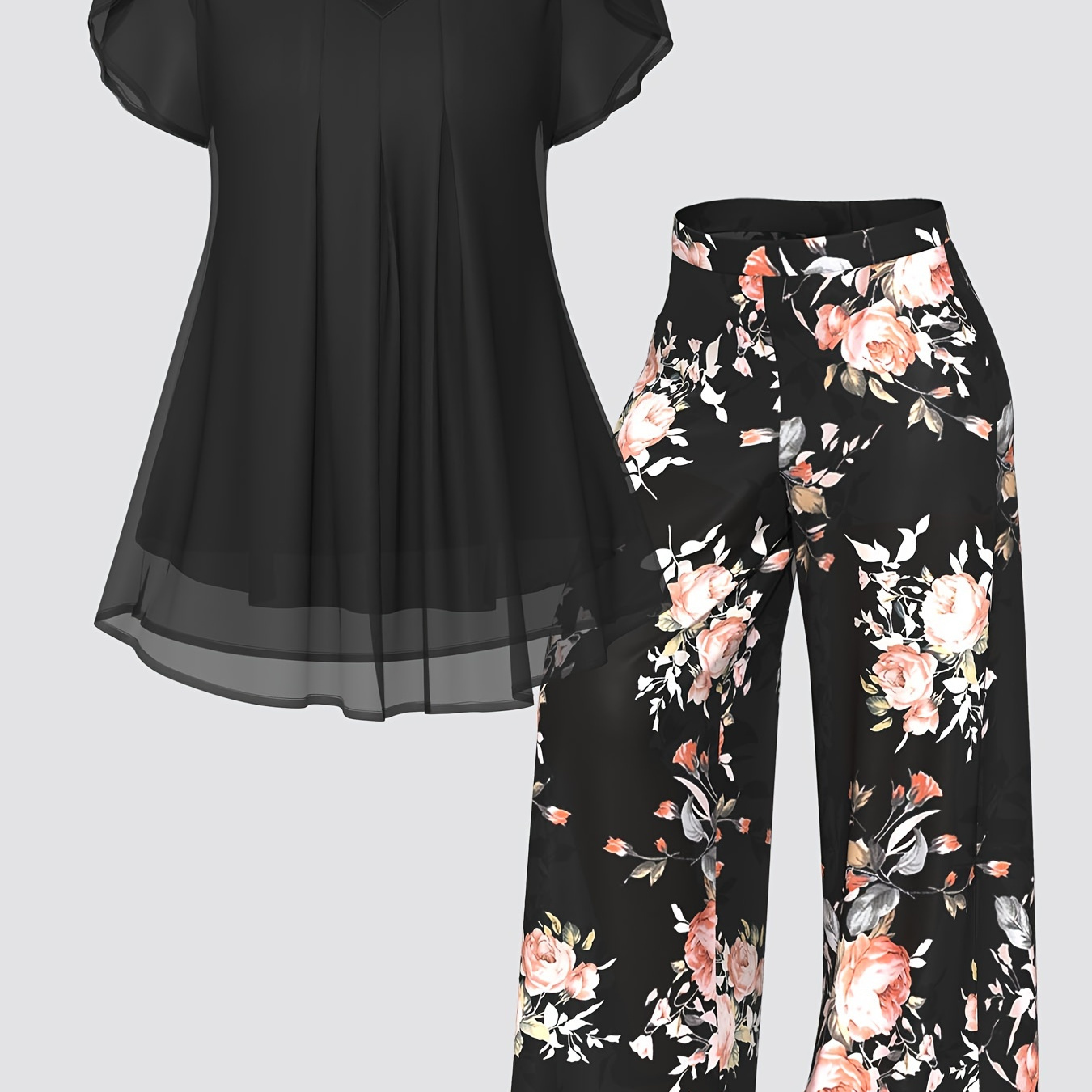 

Elegant Women's Chiffon Two-piece Set: V-neck Solid & Floral Print Pants - Machine Washable, Elegant Style