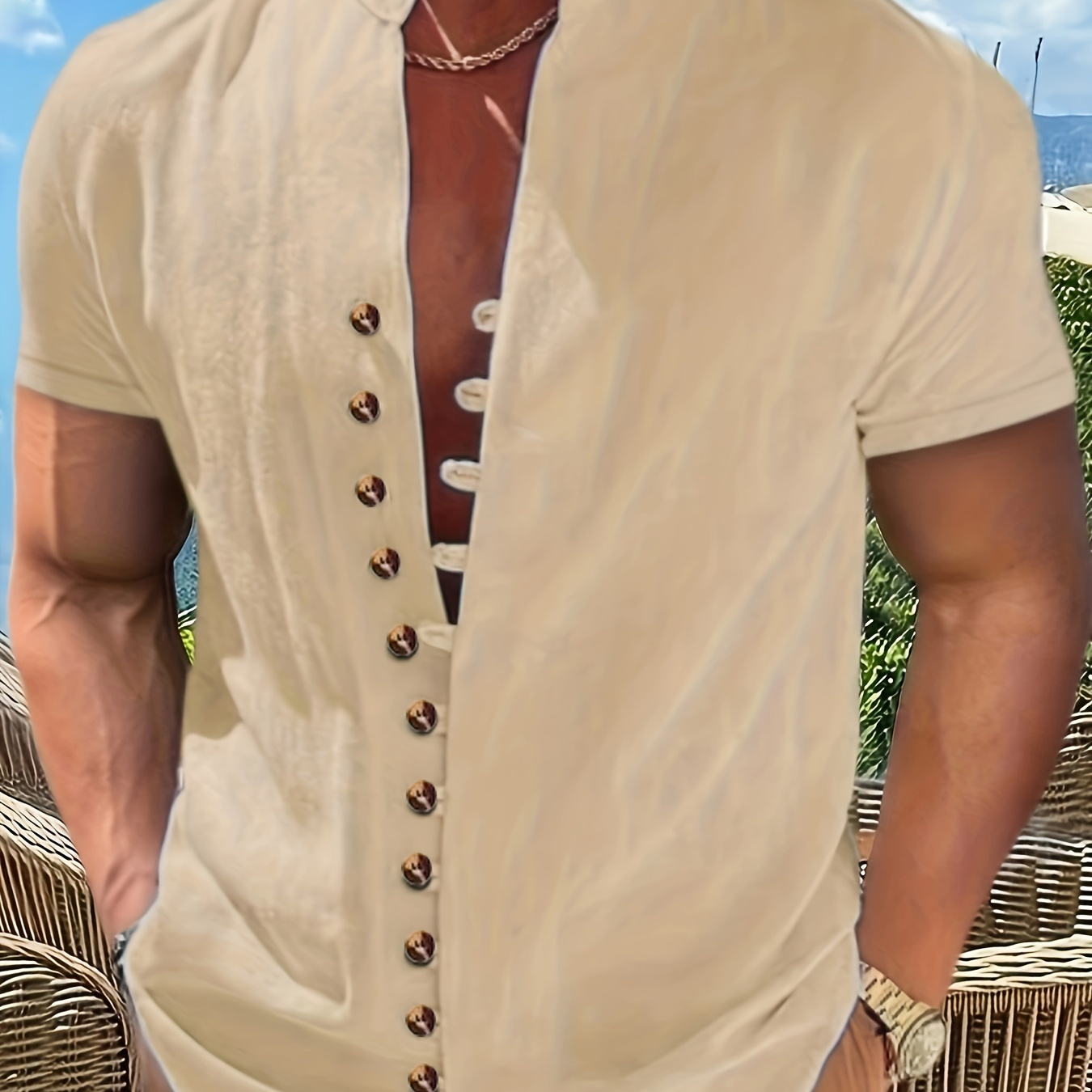 

Casual Solid Men's Short Sleeve Button Up Shirt With Stand Collar, Summer Beach Top