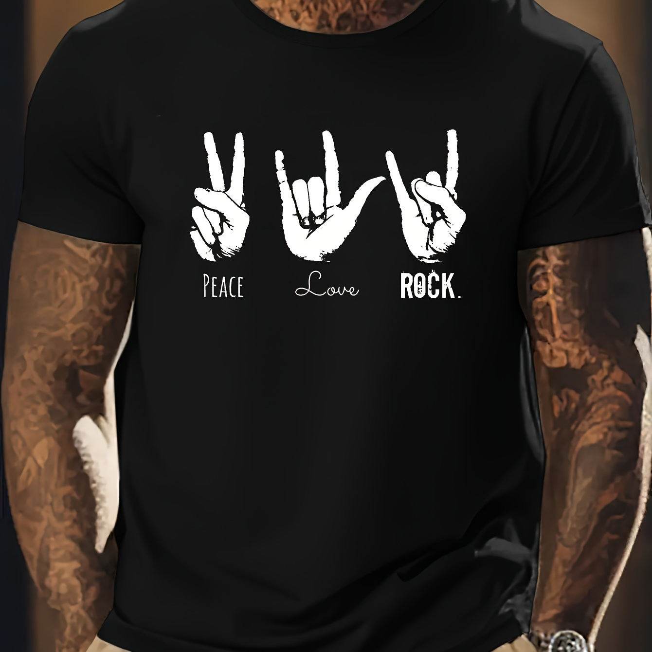 

Peace Love Rock Gesture, Print Tee Shirt, Tees For Men, Casual Short Sleeve T-shirt For Summer