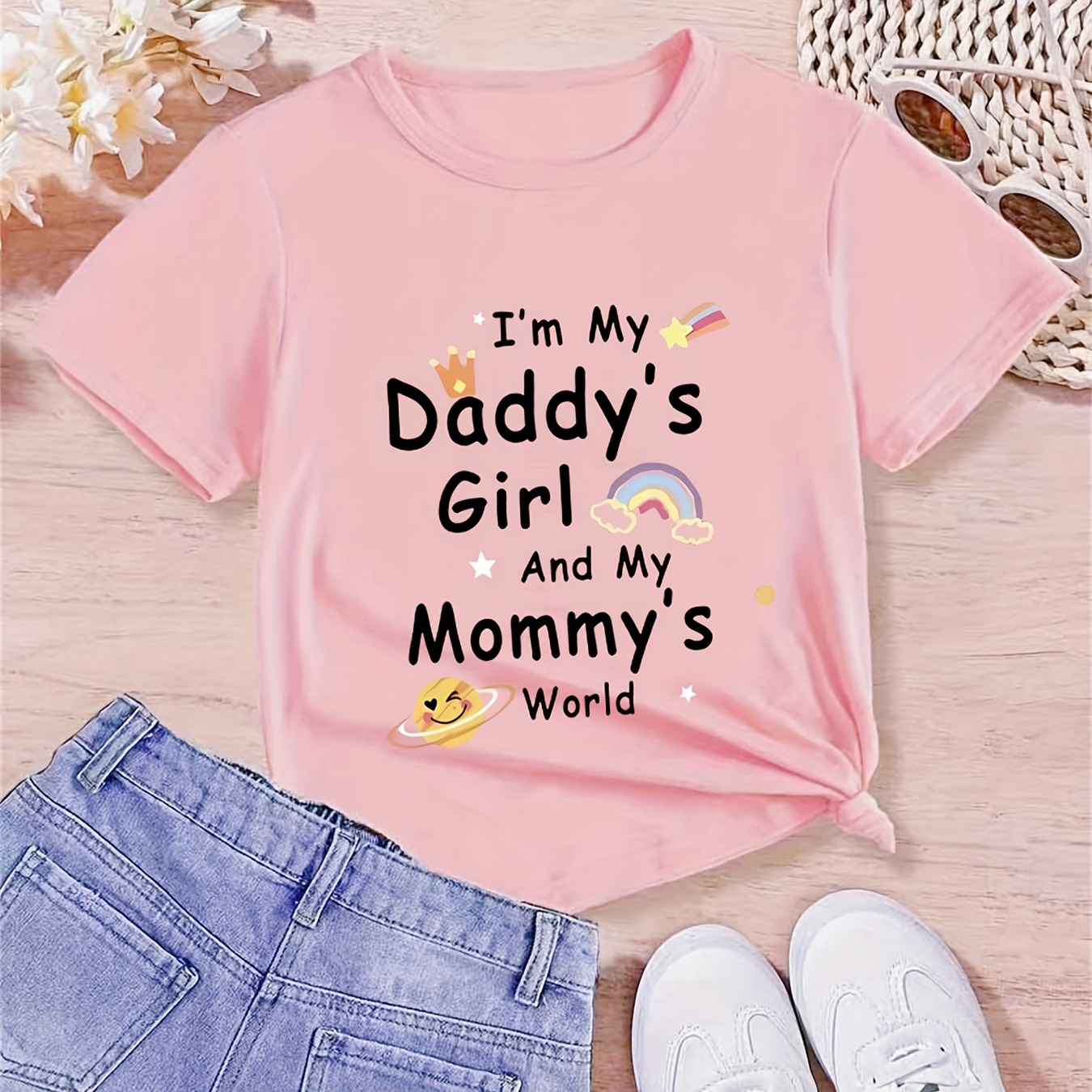 

i'm My Daddy's Girl And My Mommy's World" Print Creative T-shirts, Soft & Elastic Comfy Crew Neck Short Sleeve Tee, Girls' Summer Tops