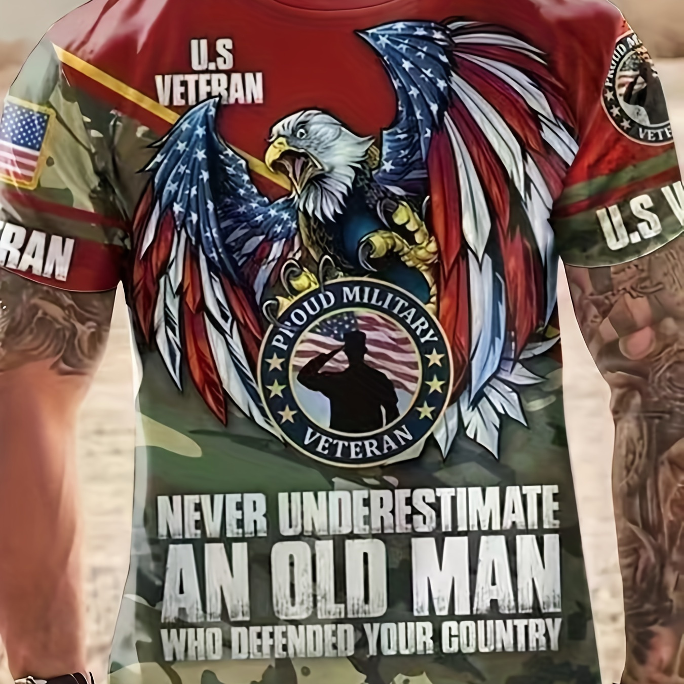 Patriotic US Veteran T-Shirt - 3D Digital Print, Active & Stretchy Short Sleeve Tee for Men - Perfect for Summer Outdoor Activities