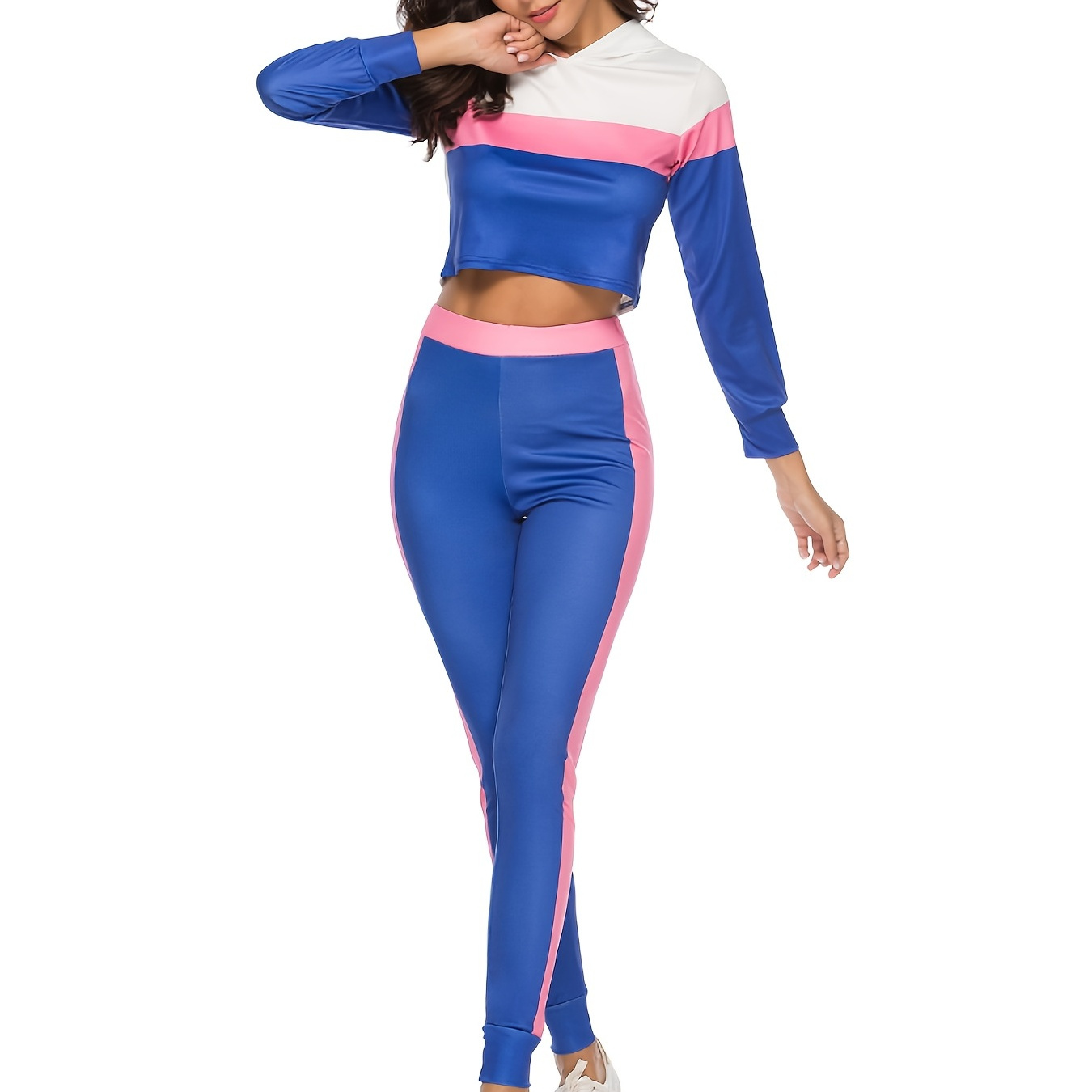 Sports Color Block Two piece Set Long Sleeve Cropped T shirt - Temu Canada