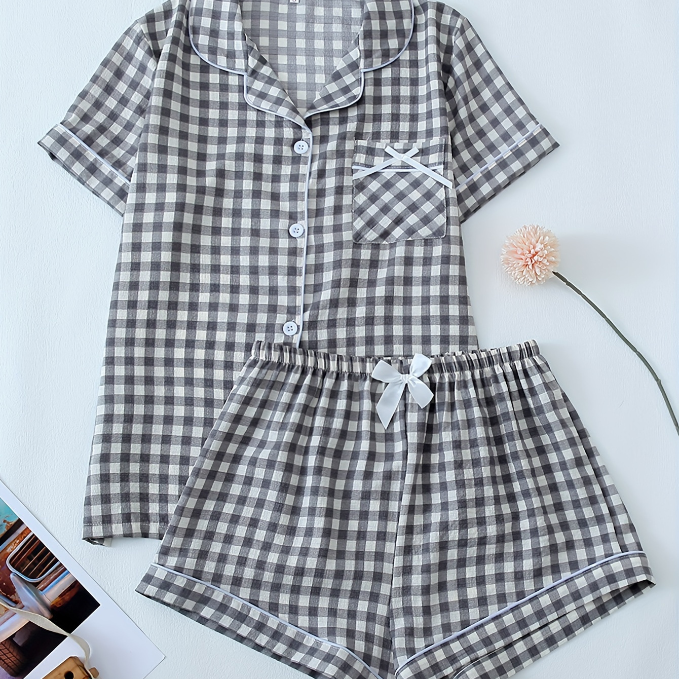 

Women's Plaid Print Casual Pajama Set, Short Sleeve Buttons Lapel Top & Shorts, Comfortable Relaxed Fit, Summer Nightwear