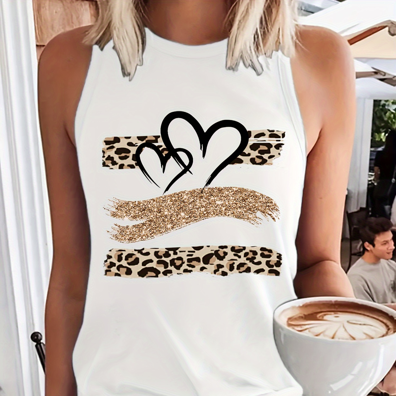 

Heart Print Tank Top, Sleeveless Casual Top For Summer & Spring, Women's Clothing