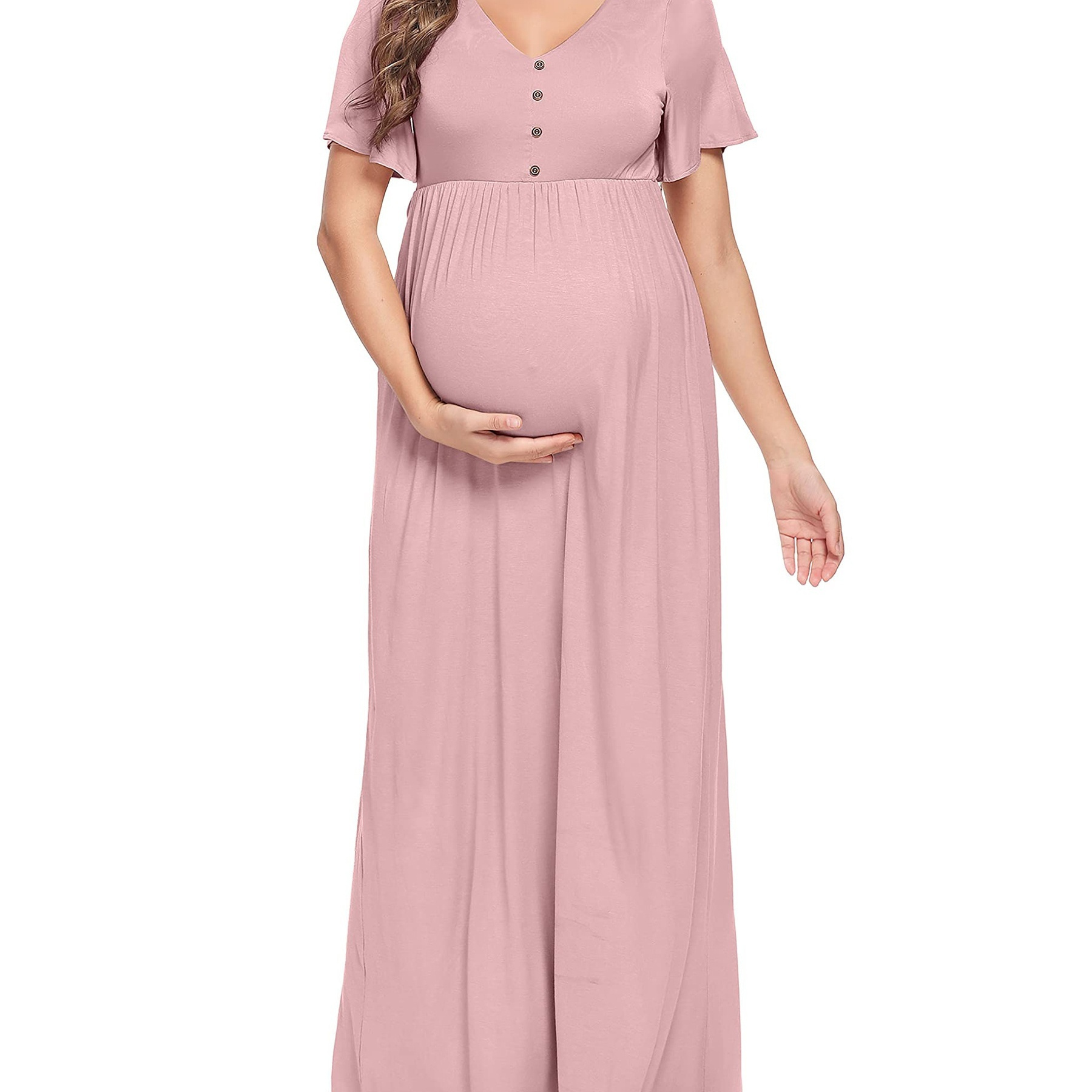 

Maternity Maxi Dress Summer With Decorative Button (s-3xl)/short Flutter Sleeve Flowy Dress Baby Shower Photoshoot