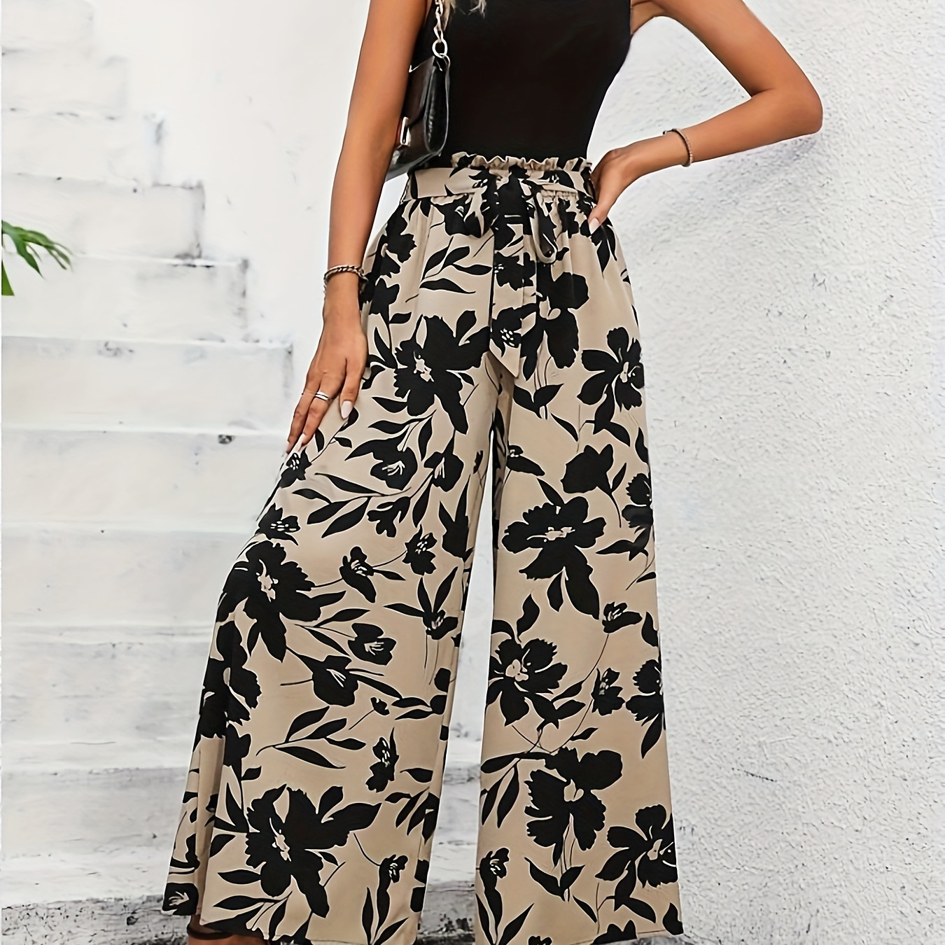 

Elegant Pants Set, Solid Color Square Neck Tank Top & Floral Print High Waist Pants, Women's Clothing