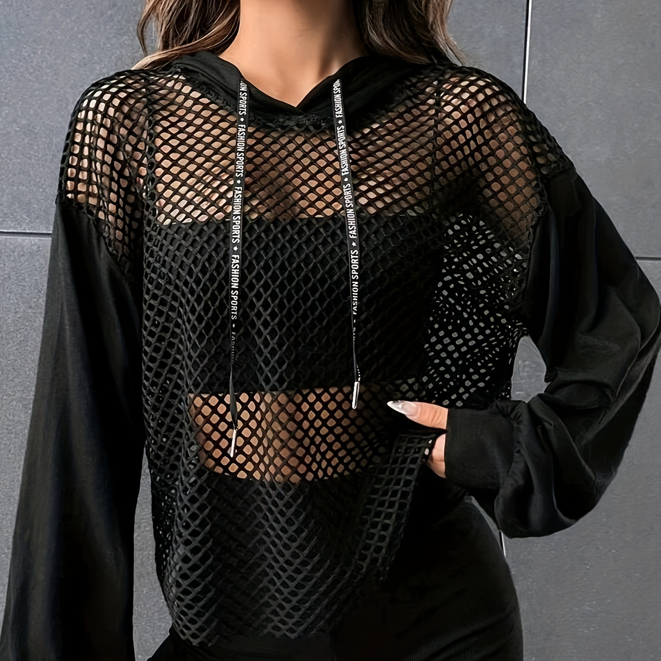 

See-through Drawstring Fishnet Hooded T-shirt, Casual Long Sleeve Top For Spring & Summer, Women's Clothing