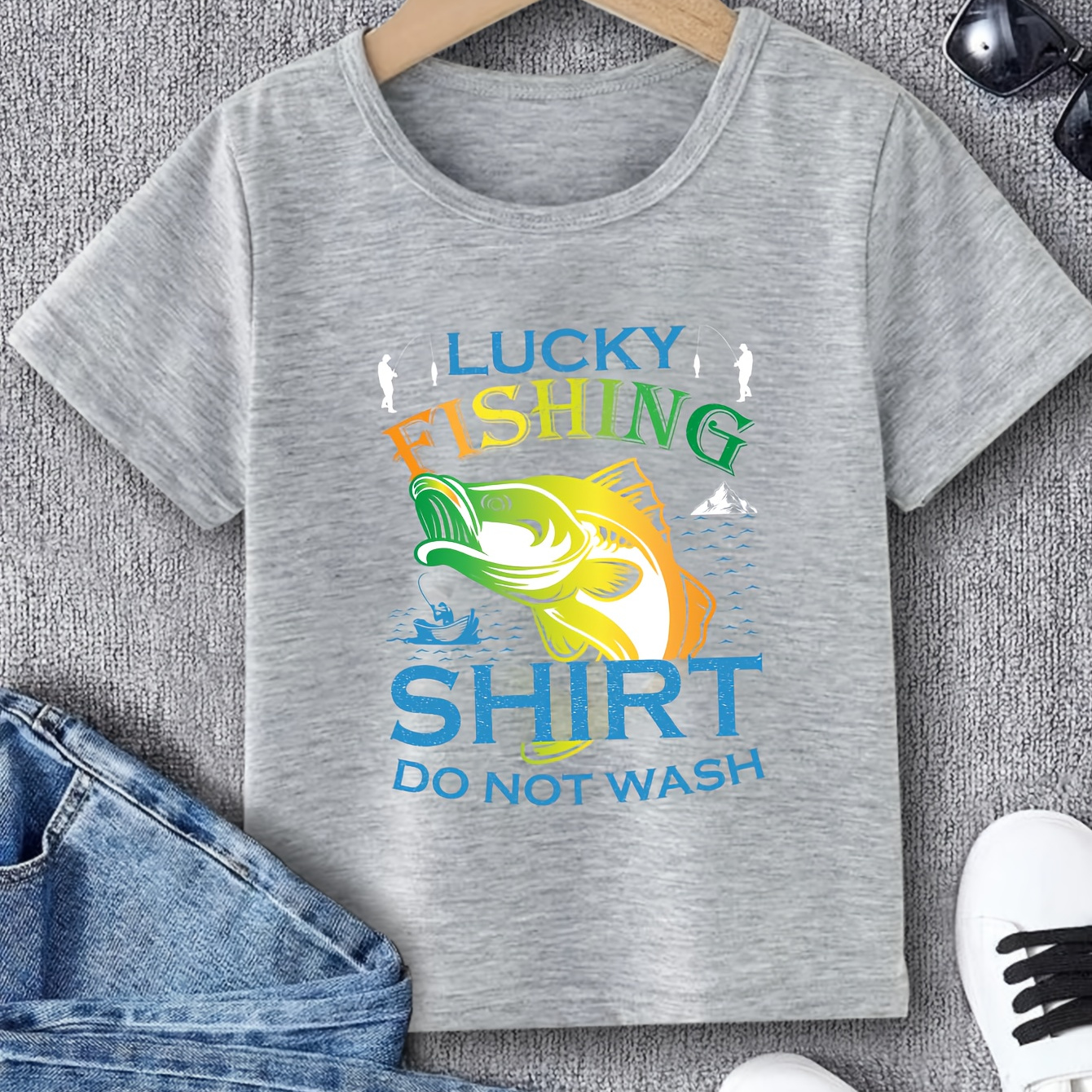 

Casual Energetic Boys' Summer Top - Lucky Fishing Print Short Sleeve Crew Neck T-shirt - Trendy Tee Tops Father's Day Gift