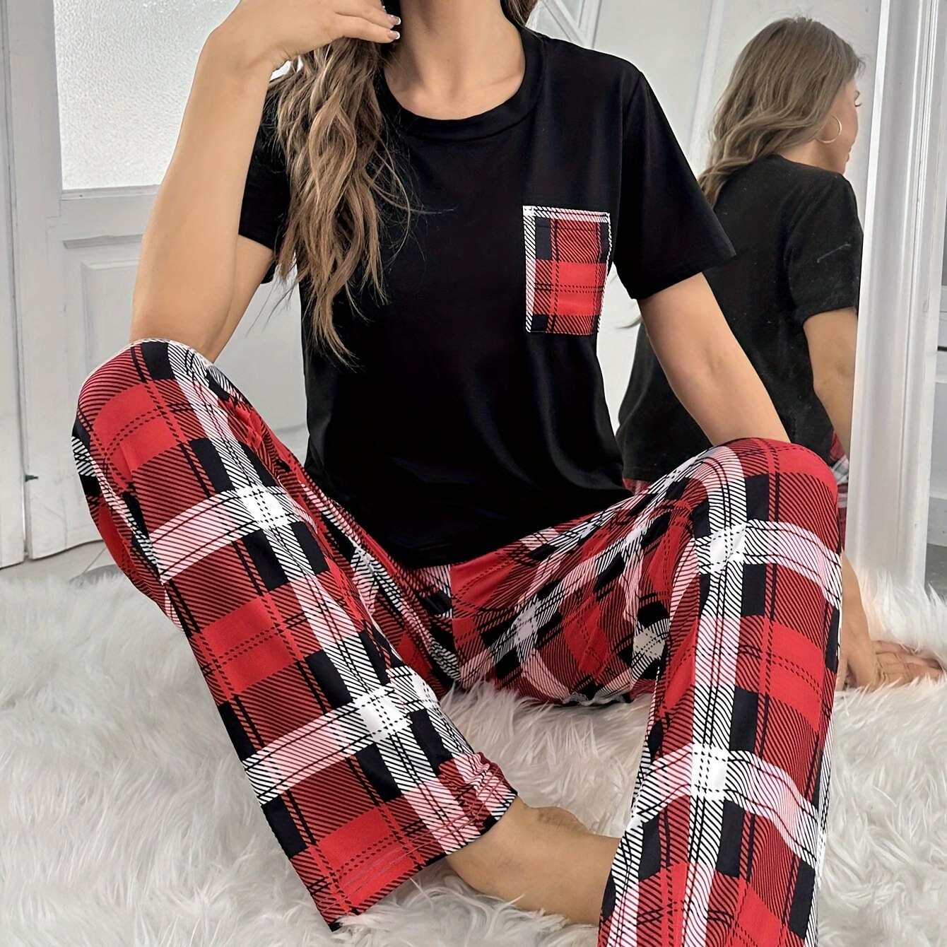 

Women's Casual Plaid Print Pajama Set, Cozy Short Sleeve Top And Pants, Comfy Sleepwear, Relaxed Fit
