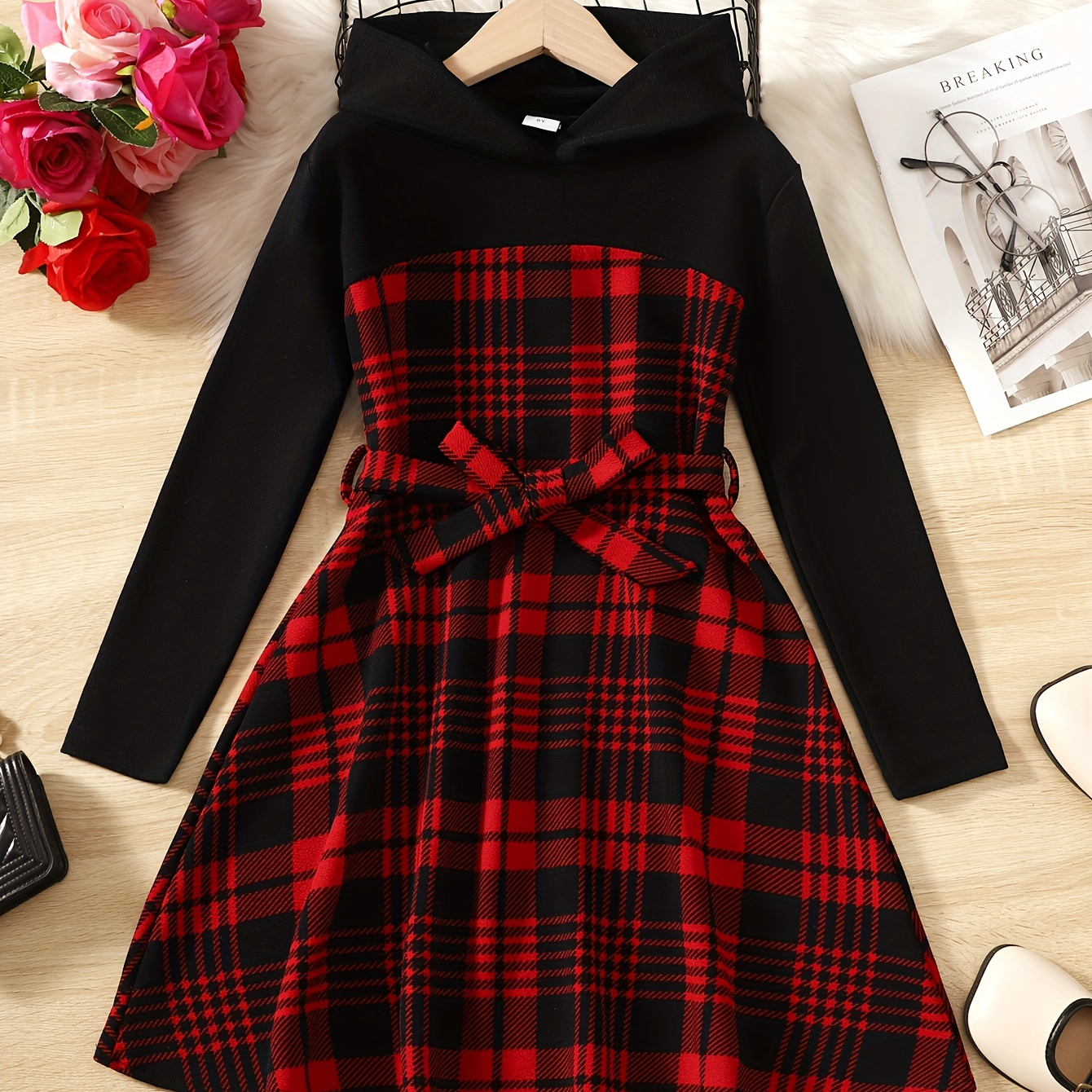 

Casual Girls' Dress, Splicing Plaid Hooded Dress For Fall Party Gift Everyday