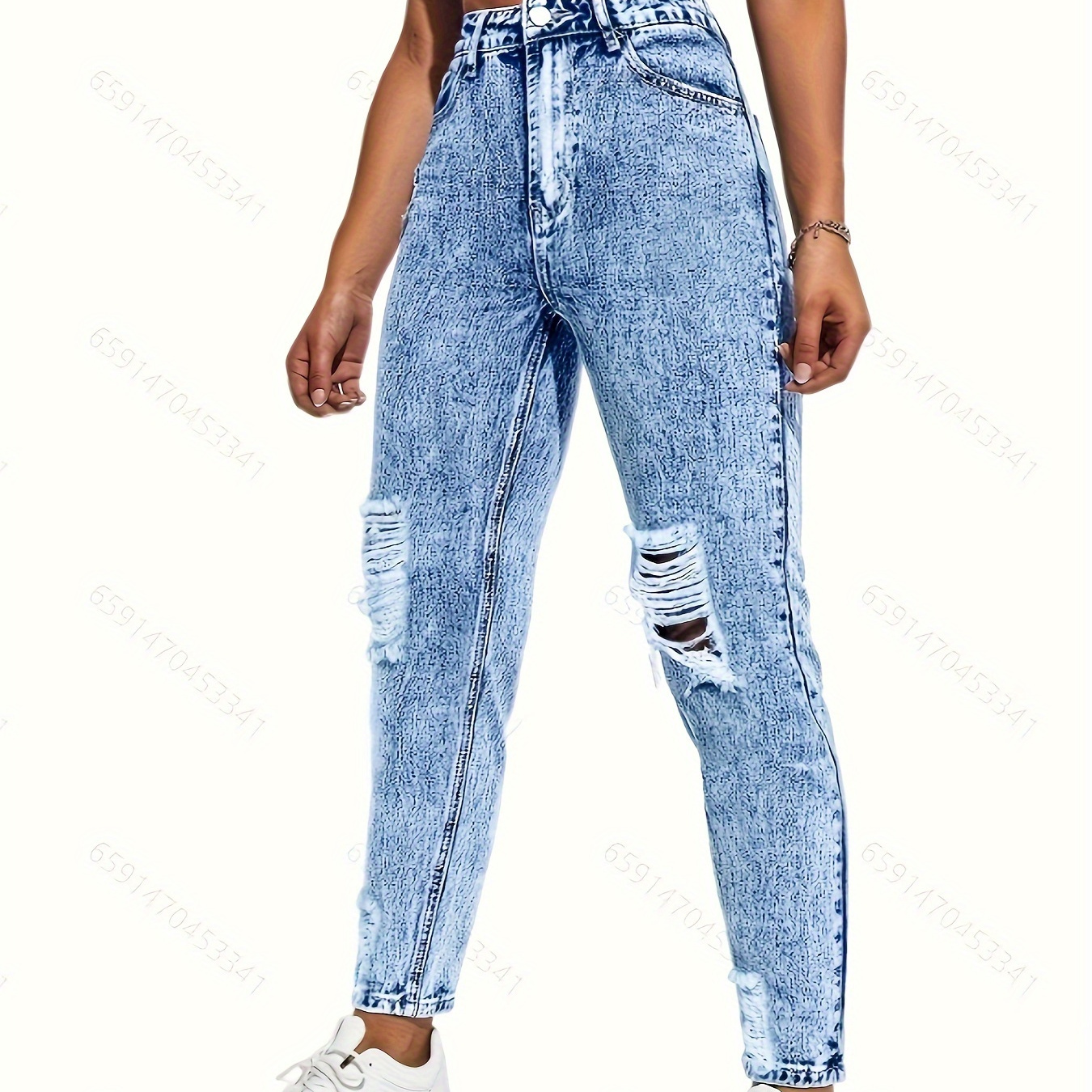 

Blue Ripped Holes Skinny Jeans, Slim Fit Distressed High Stretch Washed Tight Jeans, Women's Denim Jeans & Clothing